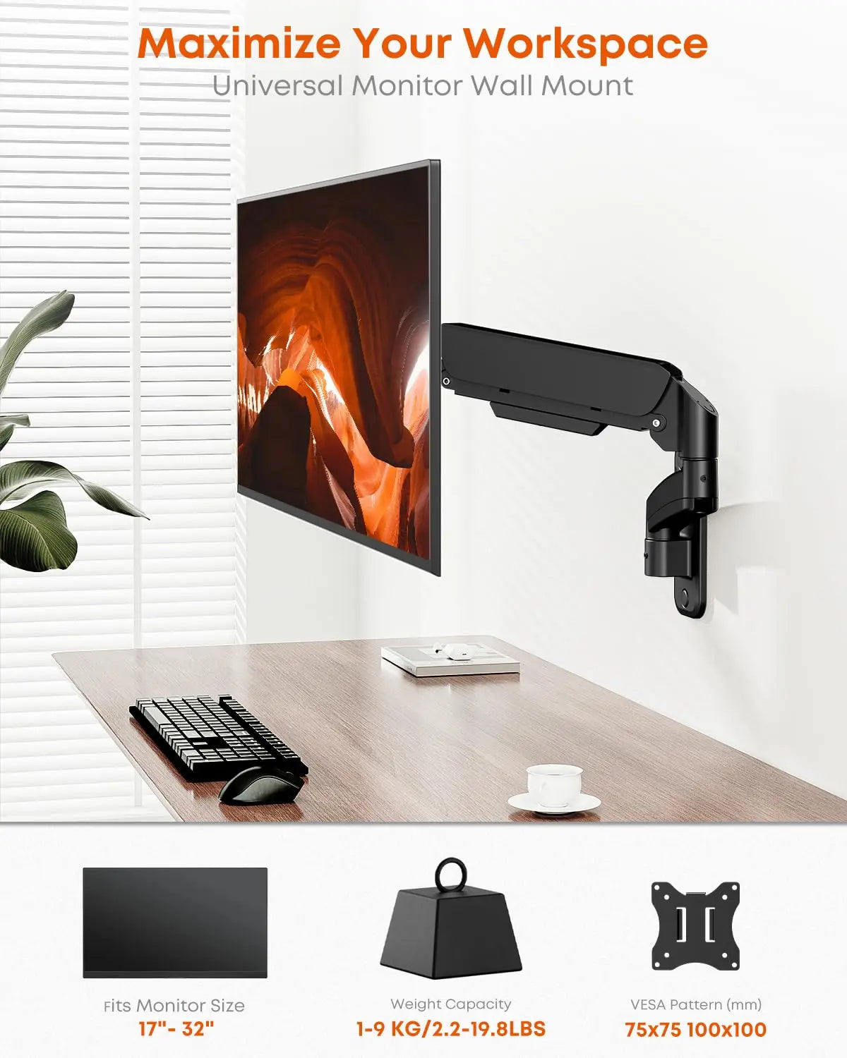 PUTORSEN Single Monitor Wall Mount for 17-32 inch Flat/Curved Screens, VESA 75x75/100x100, Supports up to 19.8lbs, Black PUTORSEN