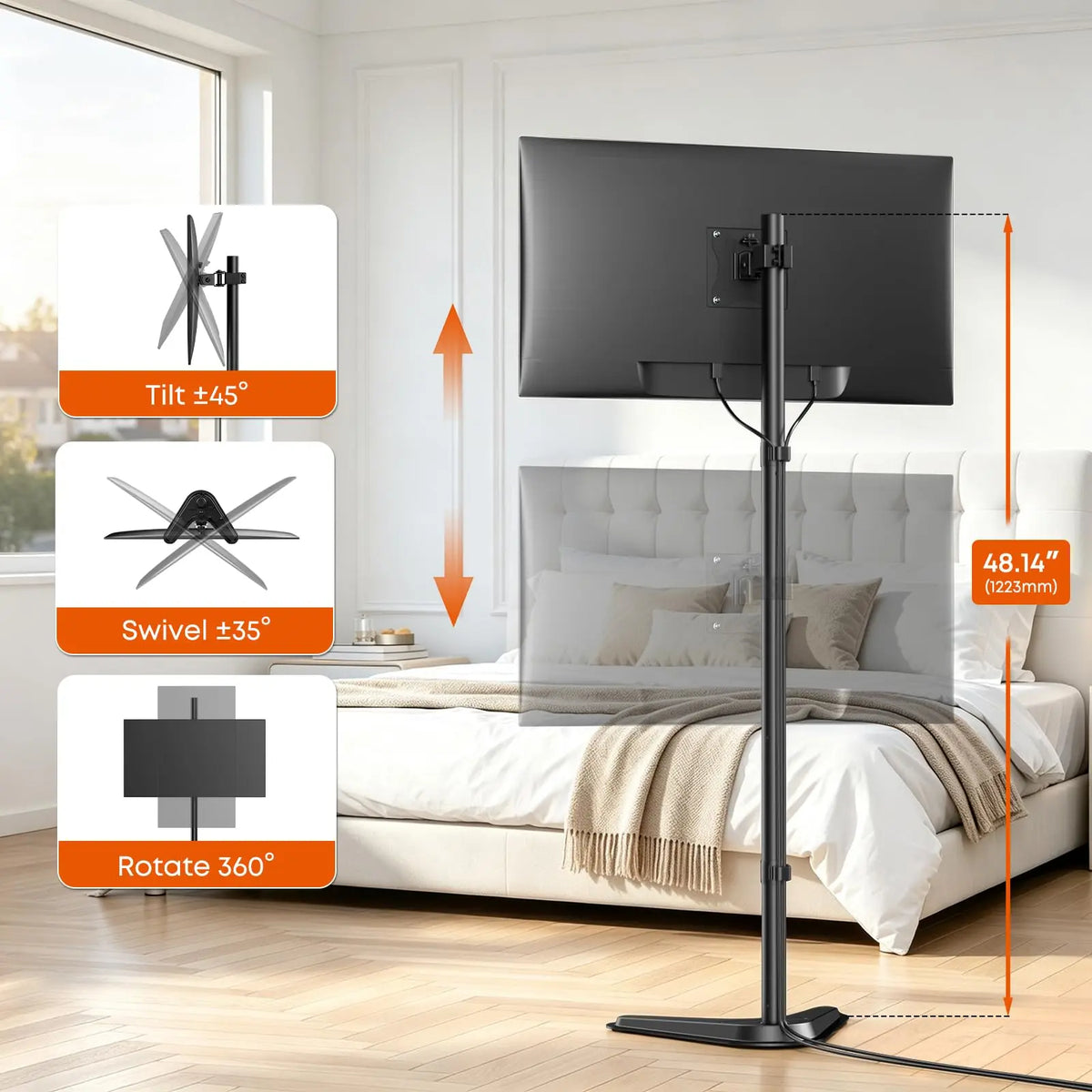 PUTORSEN Single Tall Monitor Stand with 48" Pole, Freestanding Extra Long Monitor Floor Mount, Fits Up to 32" Screens, Supports 19.8 lbs PUTORSEN