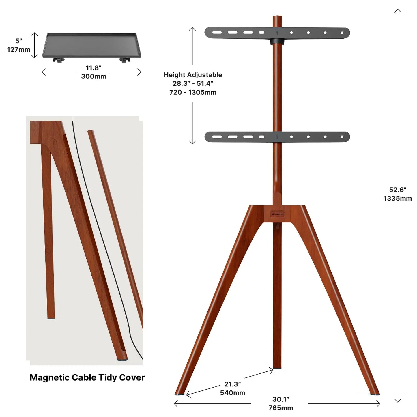 PUTORSEN Solid Wood Easel TV Stand with Media Shelf for 45-65 Inch TVs, Walnut wood PUTORSEN
