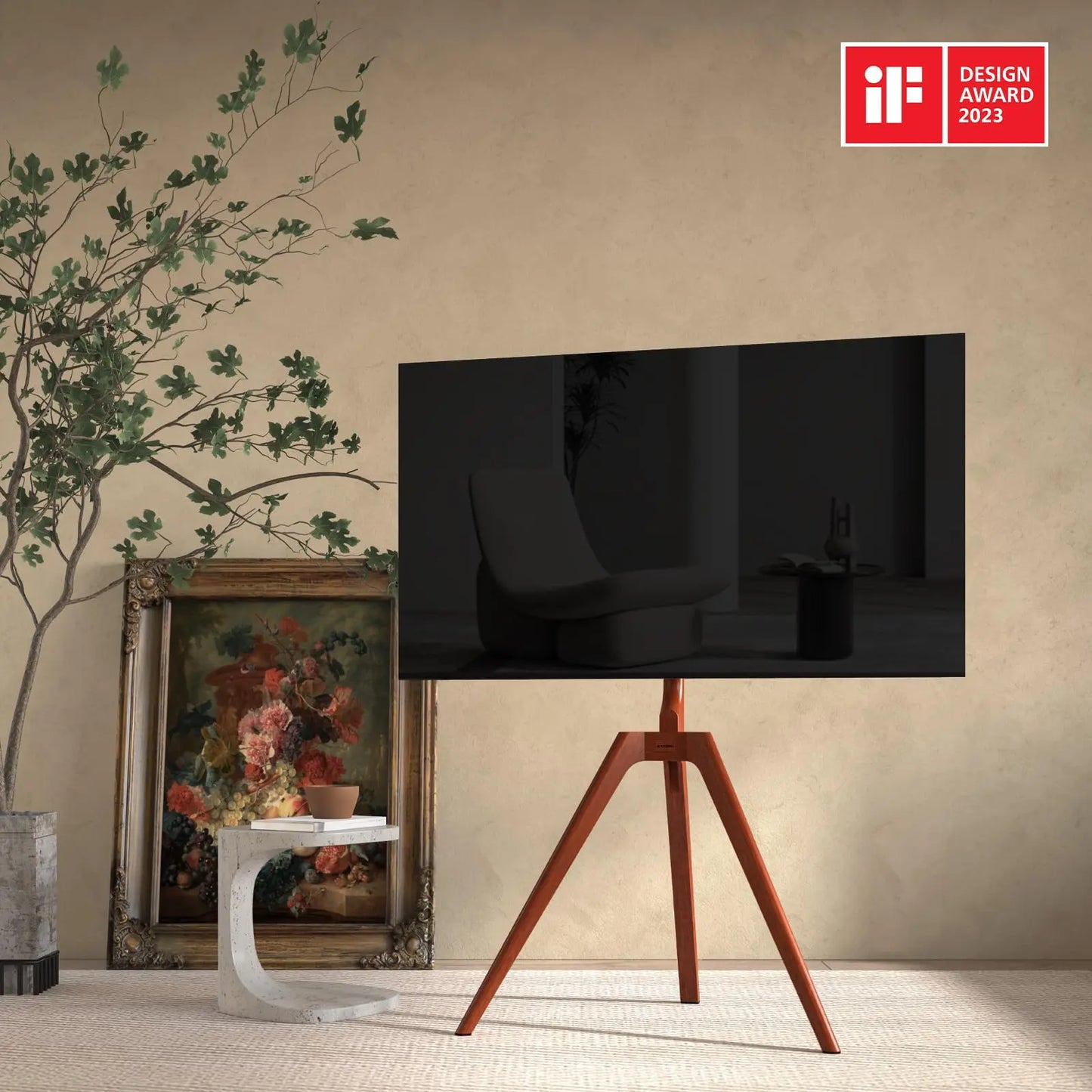 PUTORSEN Solid Wood Easel TV Stand with Media Shelf for 45-65 Inch TVs, Walnut wood PUTORSEN