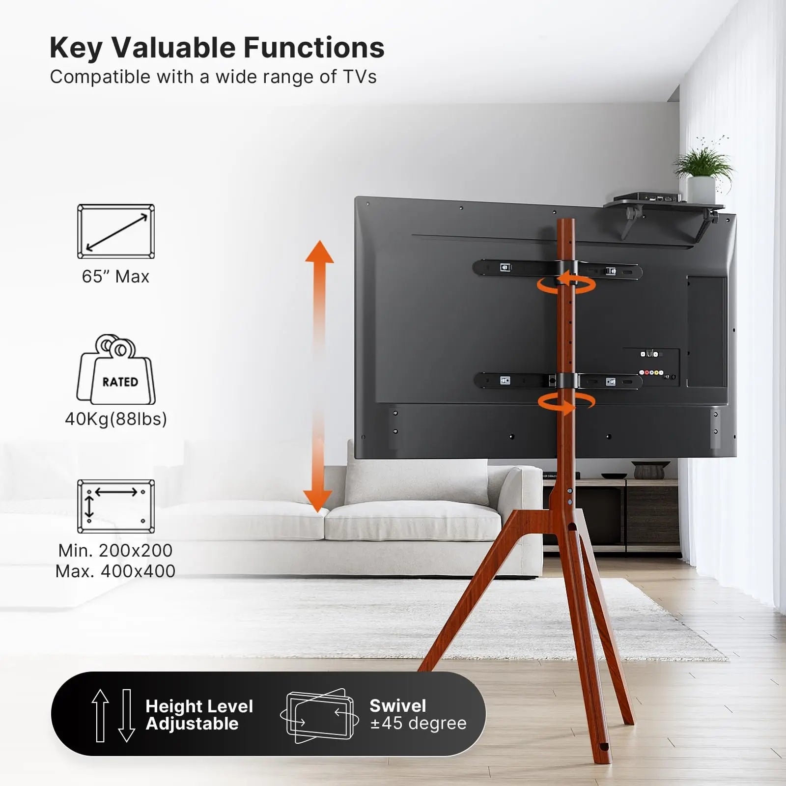 PUTORSEN Solid Wood Easel TV Stand with Media Shelf for 45-65 Inch TVs, Walnut wood PUTORSEN