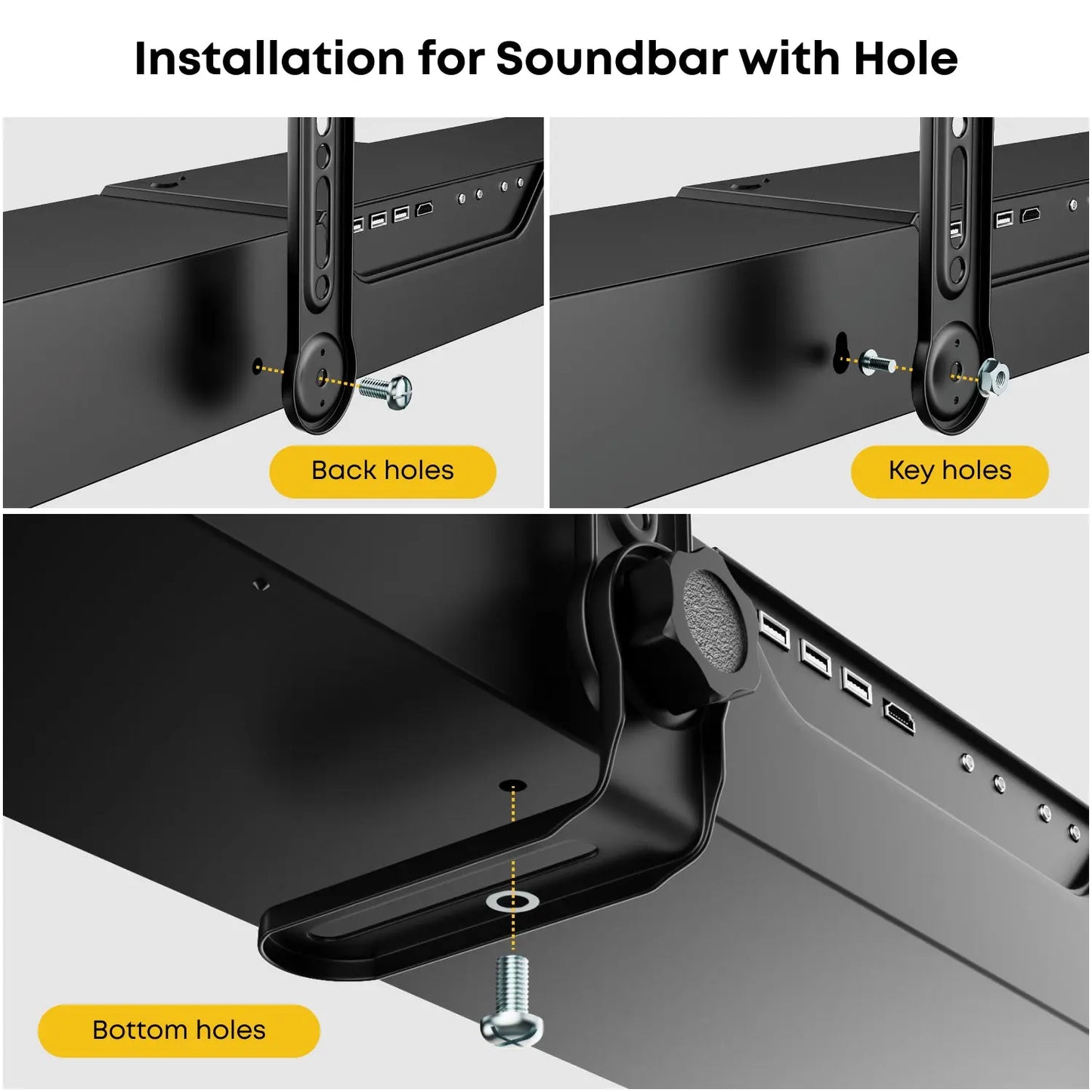 PUTORSEN Soundbar Mount Bracket for Mounting Under or Above TV, Fits Most Sound Bars Up to 33 Lbs, for Max 90'' TV, with 3 Extension Arms and 1 L-Brackets PUTORSEN