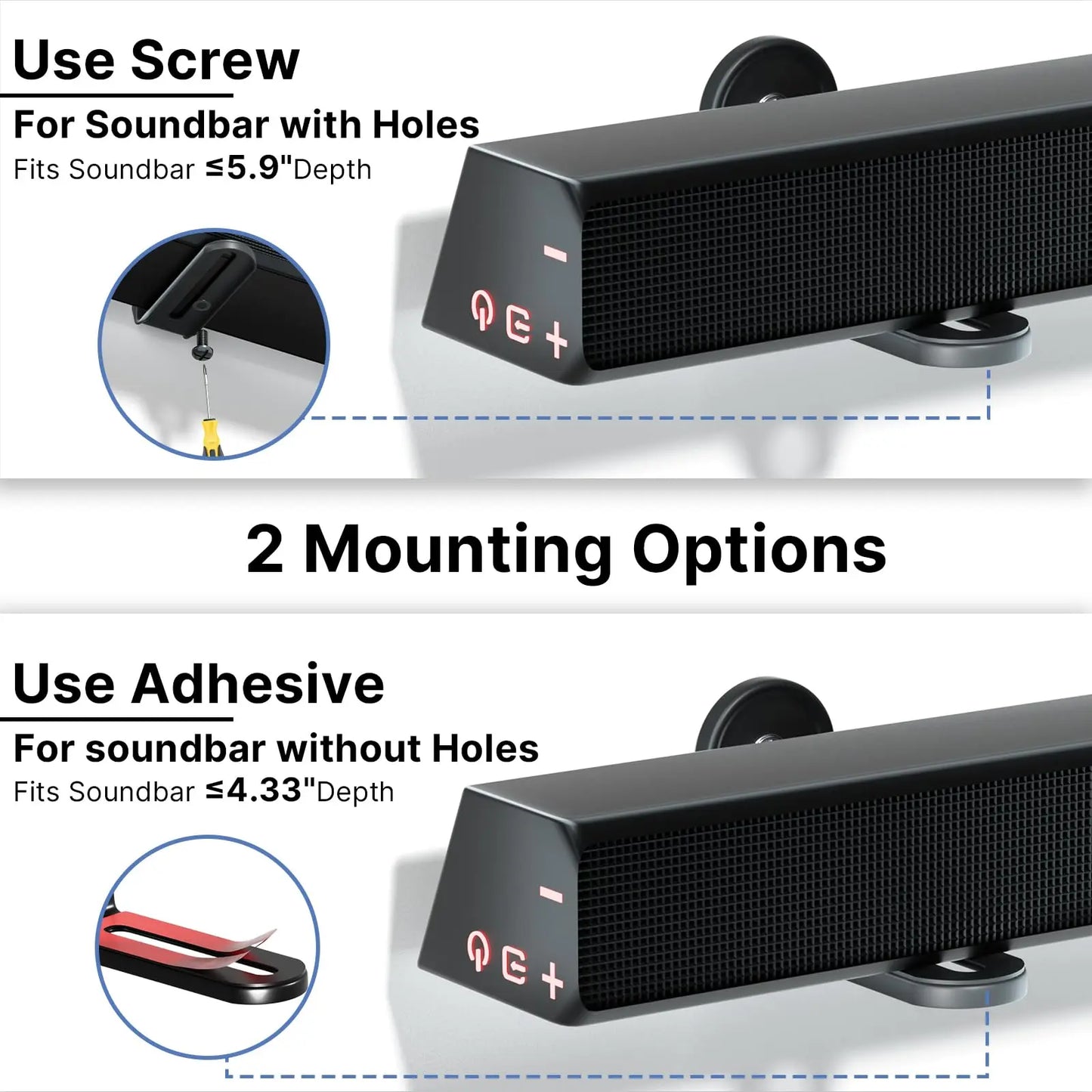 PUTORSEN Soundbar Wall Mount Bracket Universal, Dual Shelf With Anti-Skid Pad & Adhesive, Mounting Bracket Under TV for Soundbars With or Without Holes, Up to 33lbs, Black PUTORSEN