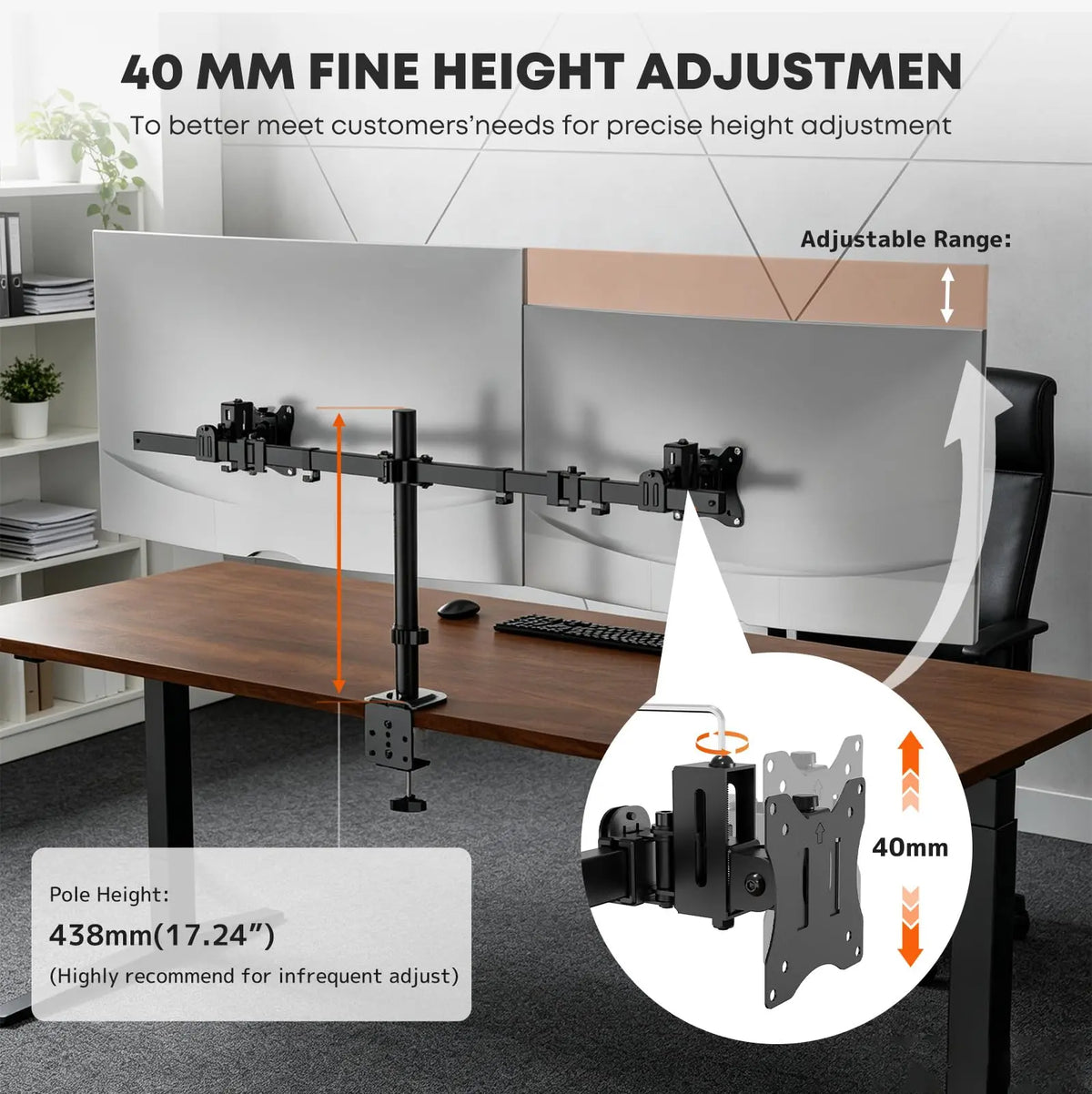PUTORSEN Support Double Écran 17 à 40 Pouces, poteau 438 mm avec réglage fin supplémentaire de 40 mm, bras coulissant VESA pour 2 moniteurs PUTORSEN