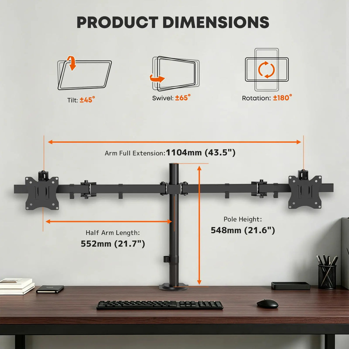 PUTORSEN Support Double Écran 17 à 40 Pouces, poteau 438 mm avec réglage fin supplémentaire de 40 mm, bras coulissant VESA pour 2 moniteurs PUTORSEN