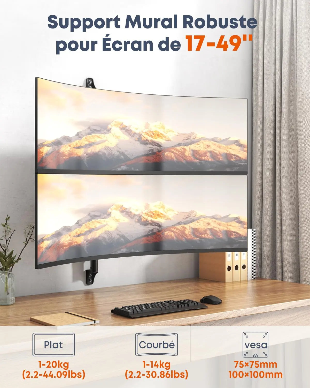 PUTORSEN Support Mural Double Écran pour 17 à 49 Pouces (Plats ou Incurvés), 20 kg par Bras, Réglable en Hauteur, VESA 75x75/100x100 mm, Noir PUTORSEN