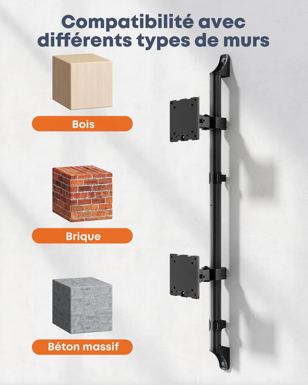 PUTORSEN Support Mural Double Écran pour 17 à 49 Pouces (Plats ou Incurvés), 20 kg par Bras, Réglable en Hauteur, VESA 75x75/100x100 mm, Noir PUTORSEN