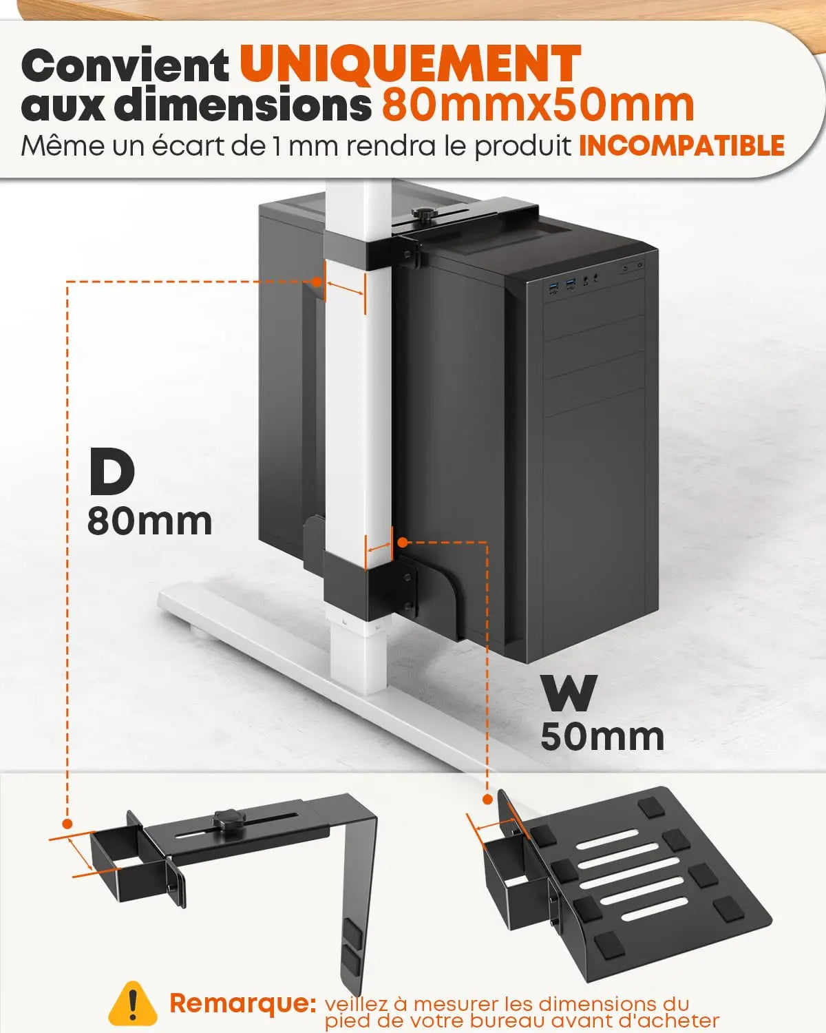 PUTORSEN Support PC sous Bureau 80×50 mm, Charge maximale 20 kg, Sans Perçage, acier robuste, compatible 145–250 mm, bonne ventilation, bureaux réglables PUTORSEN