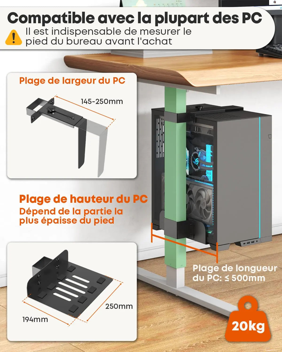 PUTORSEN Support PC sous Bureau 80×50 mm, Charge maximale 20 kg, Sans Perçage, acier robuste, compatible 145–250 mm, bonne ventilation, bureaux réglables PUTORSEN
