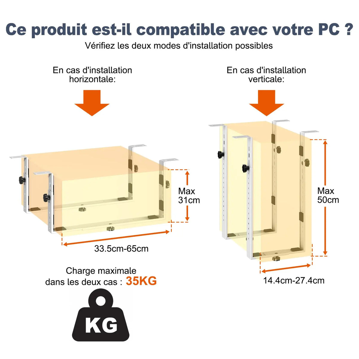 PUTORSEN Support PC sous Bureau, Charge maximale 35 kg, Blanc, réglable en hauteur et largeur, bonne ventilation, montage facile avec notice PUTORSEN