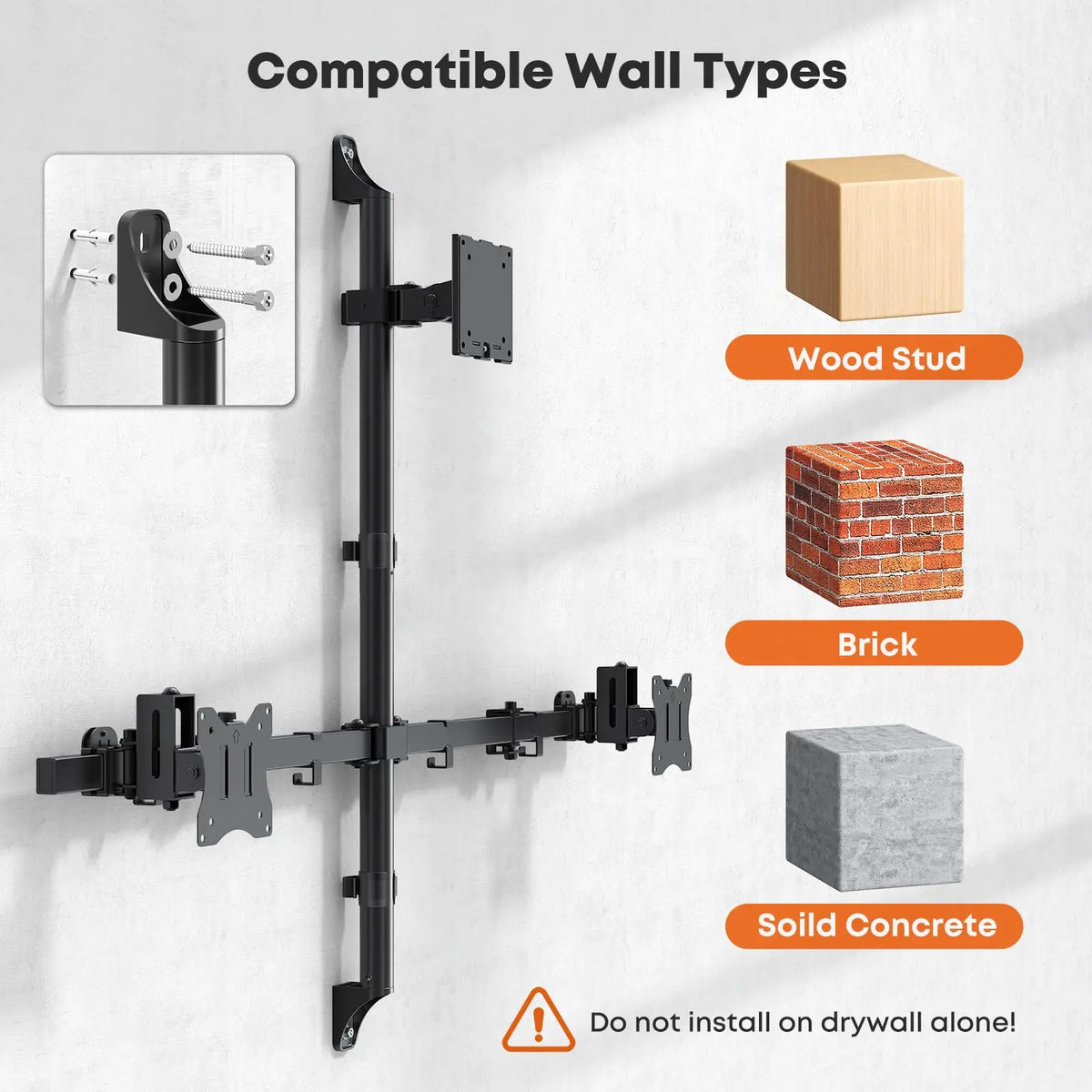 PUTORSEN Supporto a parete per 3 Monitor 49"+2×34", carico max 20kg, VESA 75x75/100x100mm, bracci laterali regolabili in altezza ±40mm, inclinabile, girevole, gestione cavi PUTORSEN