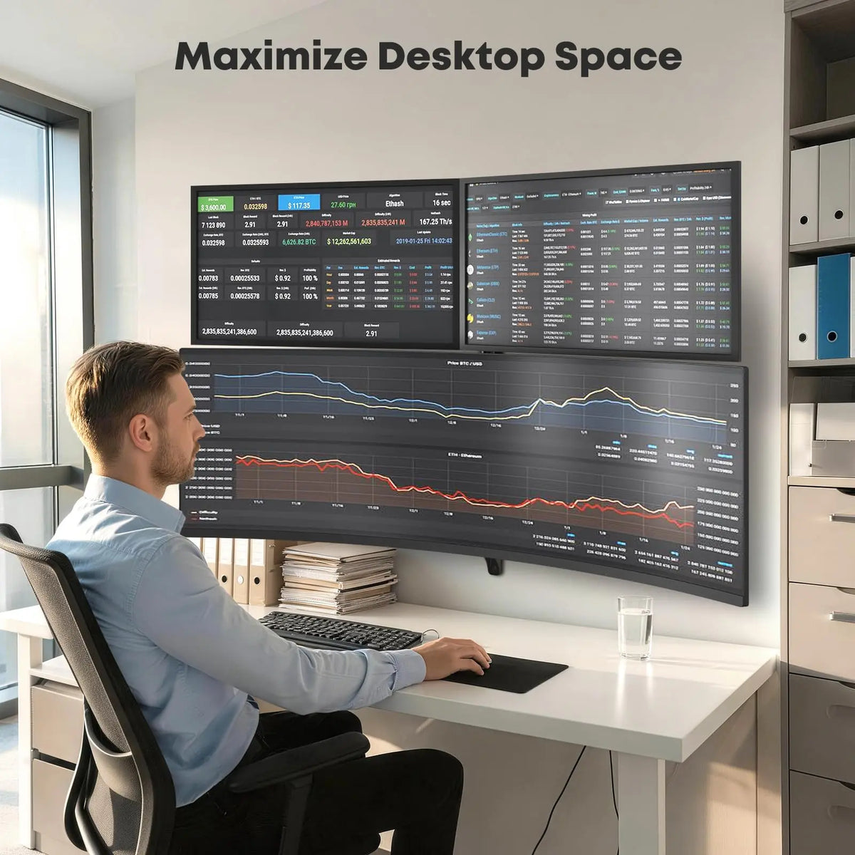 PUTORSEN Supporto a parete per 3 Monitor 49"+2×34", carico max 20kg, VESA 75x75/100x100mm, bracci laterali regolabili in altezza ±40mm, inclinabile, girevole, gestione cavi PUTORSEN