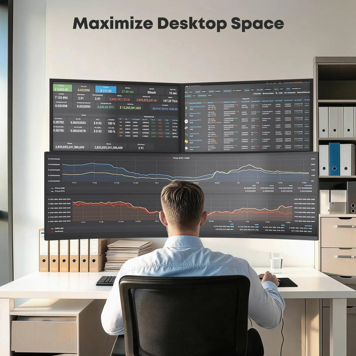 PUTORSEN Supporto a parete per 3 Monitor 49"+2×34", carico max 20kg, VESA 75x75/100x100mm, bracci laterali regolabili in altezza ±40mm, inclinabile, girevole, gestione cavi PUTORSEN