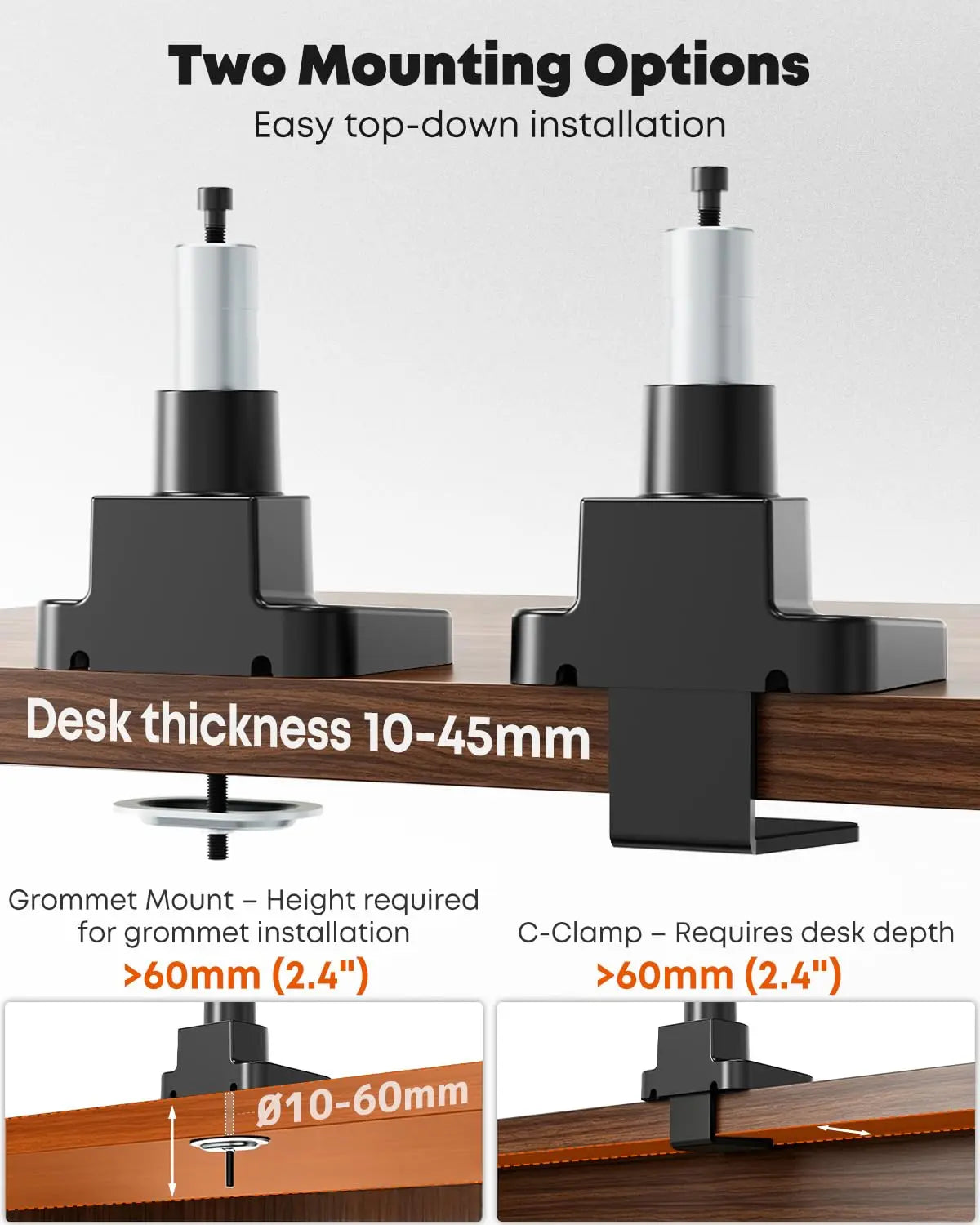 PUTORSEN Supporto ergonomico per monitor 17–45", nero, regolazione altezza fino a 63,3 cm, carico max 16kg (piatto)/12kg (curvo), completamente articolato PUTORSEN