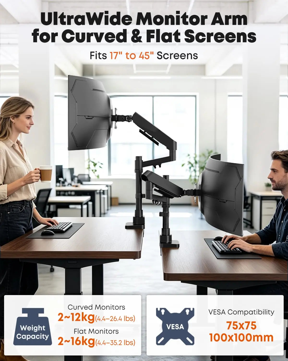 PUTORSEN Supporto ergonomico per monitor 17–45", nero, regolazione altezza fino a 63,3 cm, carico max 16kg (piatto)/12kg (curvo), completamente articolato PUTORSEN