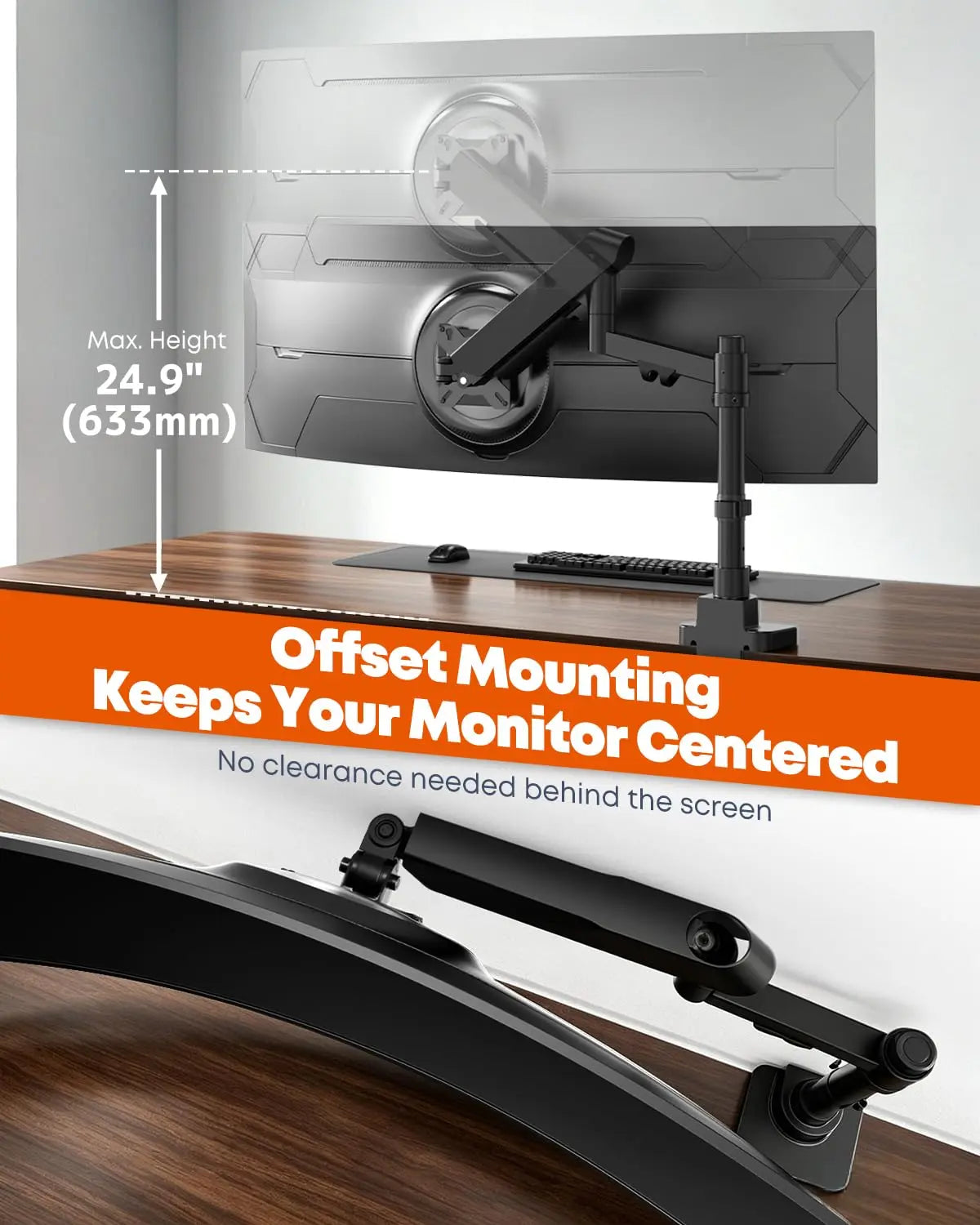 PUTORSEN Supporto ergonomico per monitor 17–45", nero, regolazione altezza fino a 63,3 cm, carico max 16kg (piatto)/12kg (curvo), completamente articolato PUTORSEN