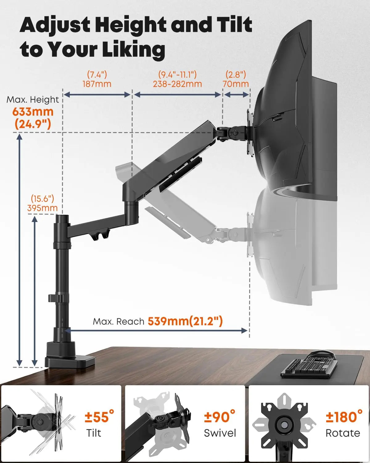 PUTORSEN Supporto ergonomico per monitor 17–45", nero, regolazione altezza fino a 63,3 cm, carico max 16kg (piatto)/12kg (curvo), completamente articolato PUTORSEN