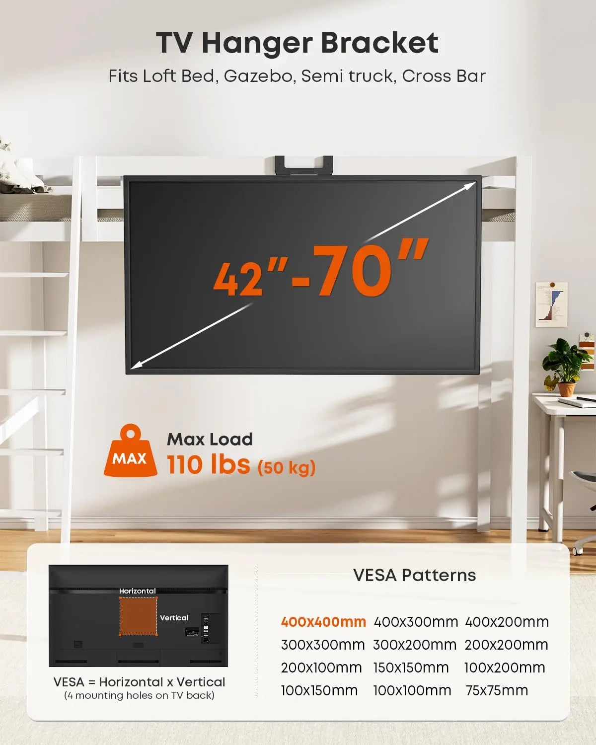 PUTORSEN TV Hanger Bracket for 42-70 Inch TVs - Height Adjustable Steel TV Mount, Max VESA 400x400mm, Holds up to 110 lbs PUTORSEN