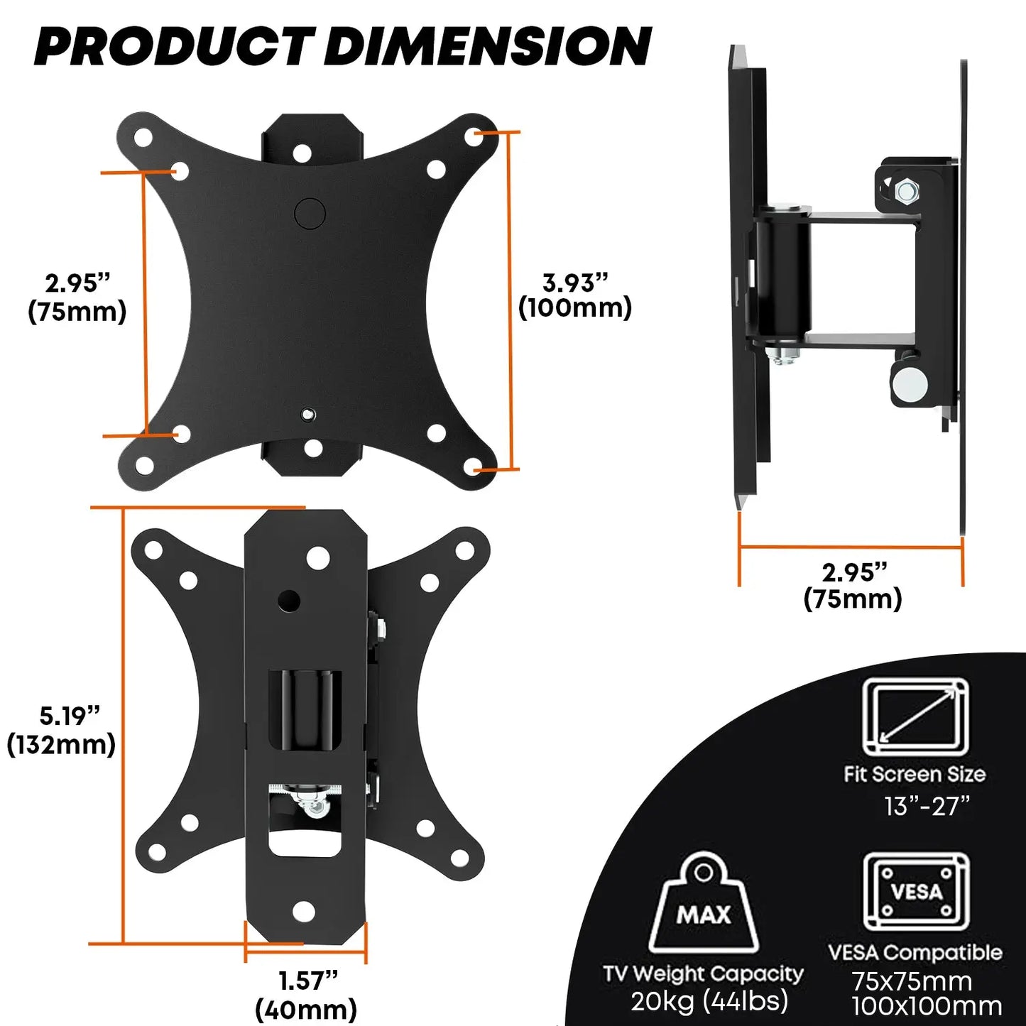 PUTORSEN TV Wall Mount Swivelling Tilting Universal for 13-27 Inch Flat TVs or Monitors PUTORSEN