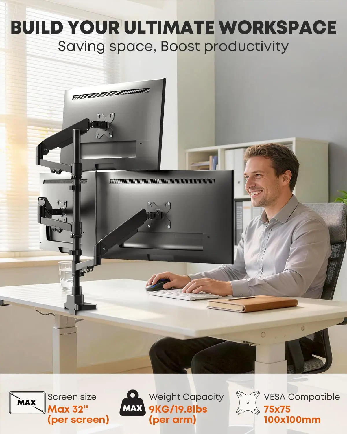PUTORSEN Triple Monitor Mount for up to 32-inch Screens, 9kg Gas Spring Arm (Each), VESA 75×75/100×100 mm, Black PUTORSEN
