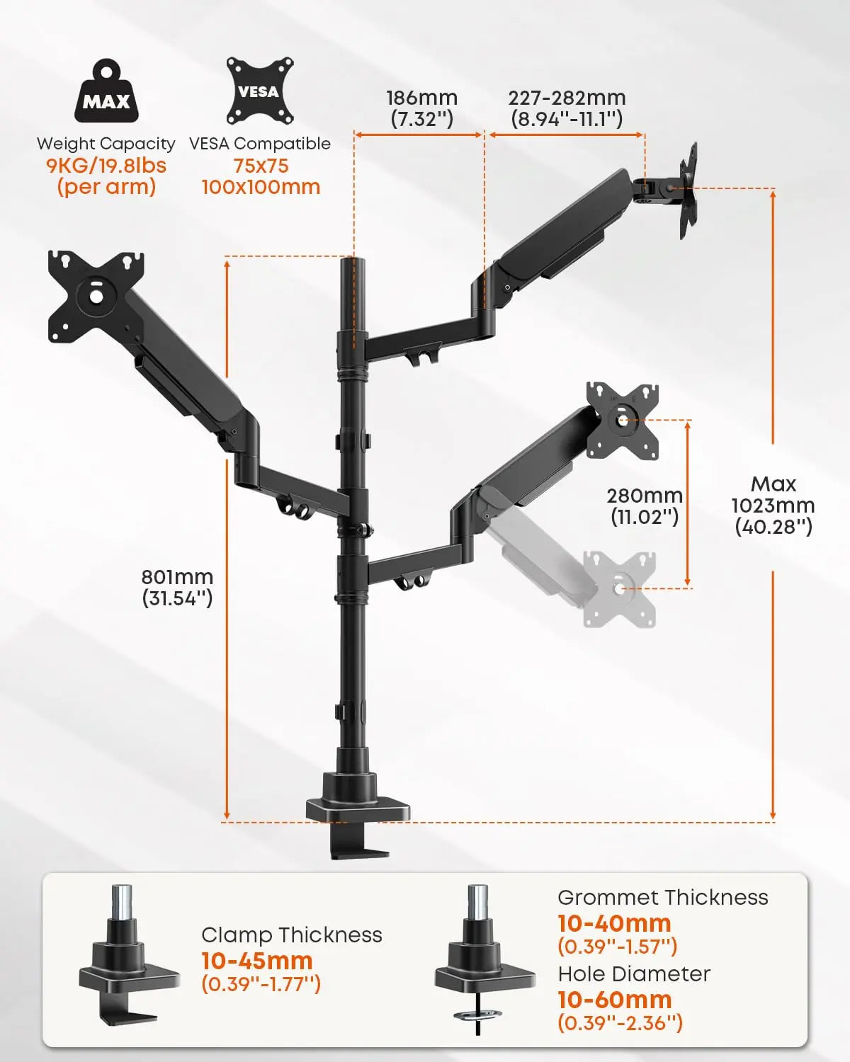 PUTORSEN Triple Monitor Mount for up to 32-inch Screens, 9kg Gas Spring Arm (Each), VESA 75×75/100×100 mm, Black PUTORSEN