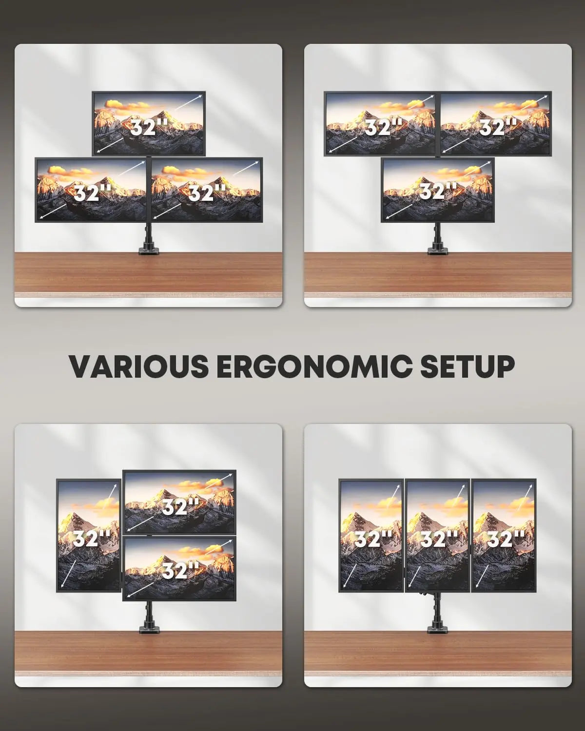 PUTORSEN Triple Monitor Mount for up to 32-inch Screens, 9kg Gas Spring Arm (Each), VESA 75×75/100×100 mm, Black PUTORSEN