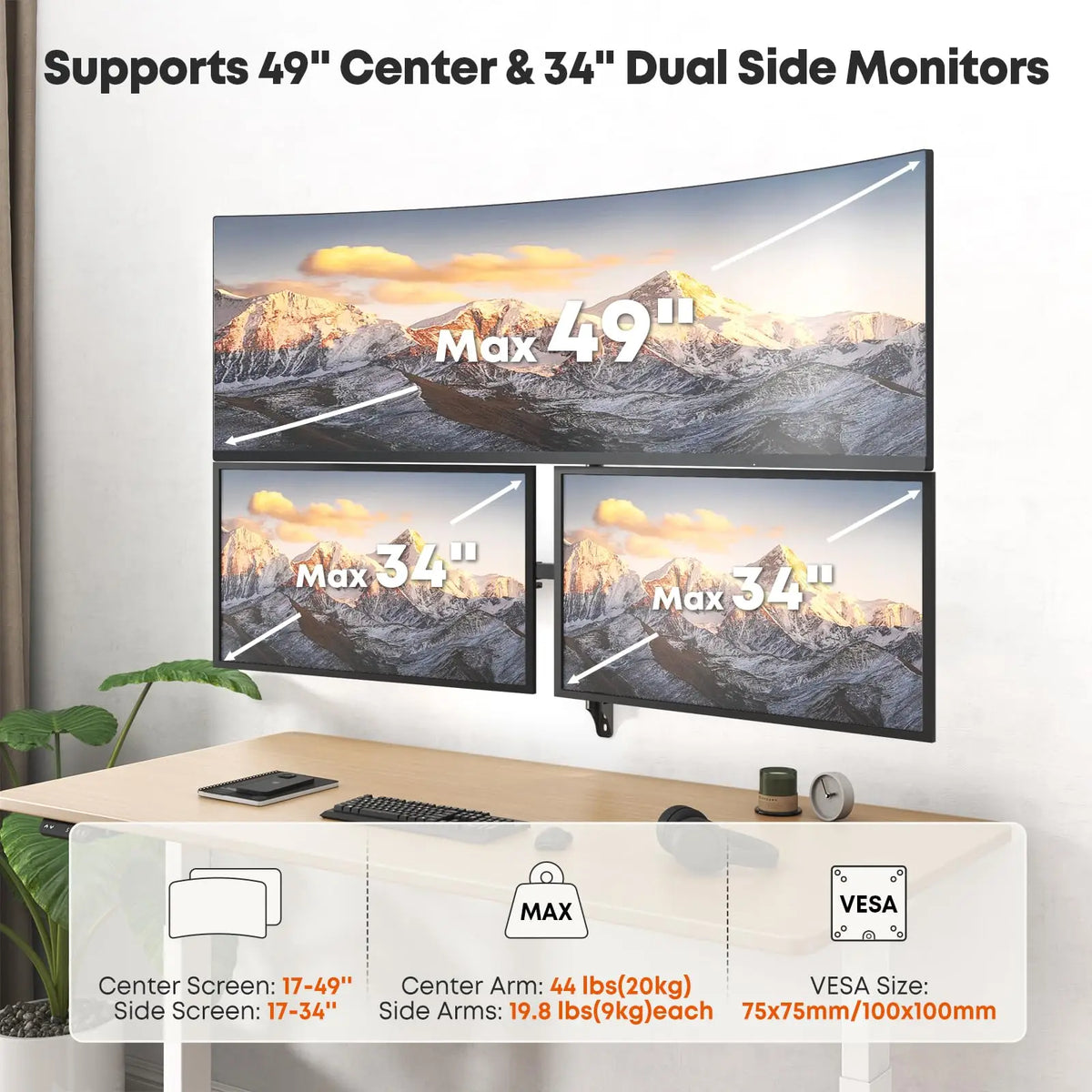 PUTORSEN Triple Monitor Wall Mount for Screens Up to 49", Total Load Capacity 44 lbs, Accommodates 49" Ultrawide Center Screen and Two 34" Side Displays, Side Arms Height Adjustable ±1.57", Built-in Cable Management, VESA 75/100mm, Black PUTORSEN