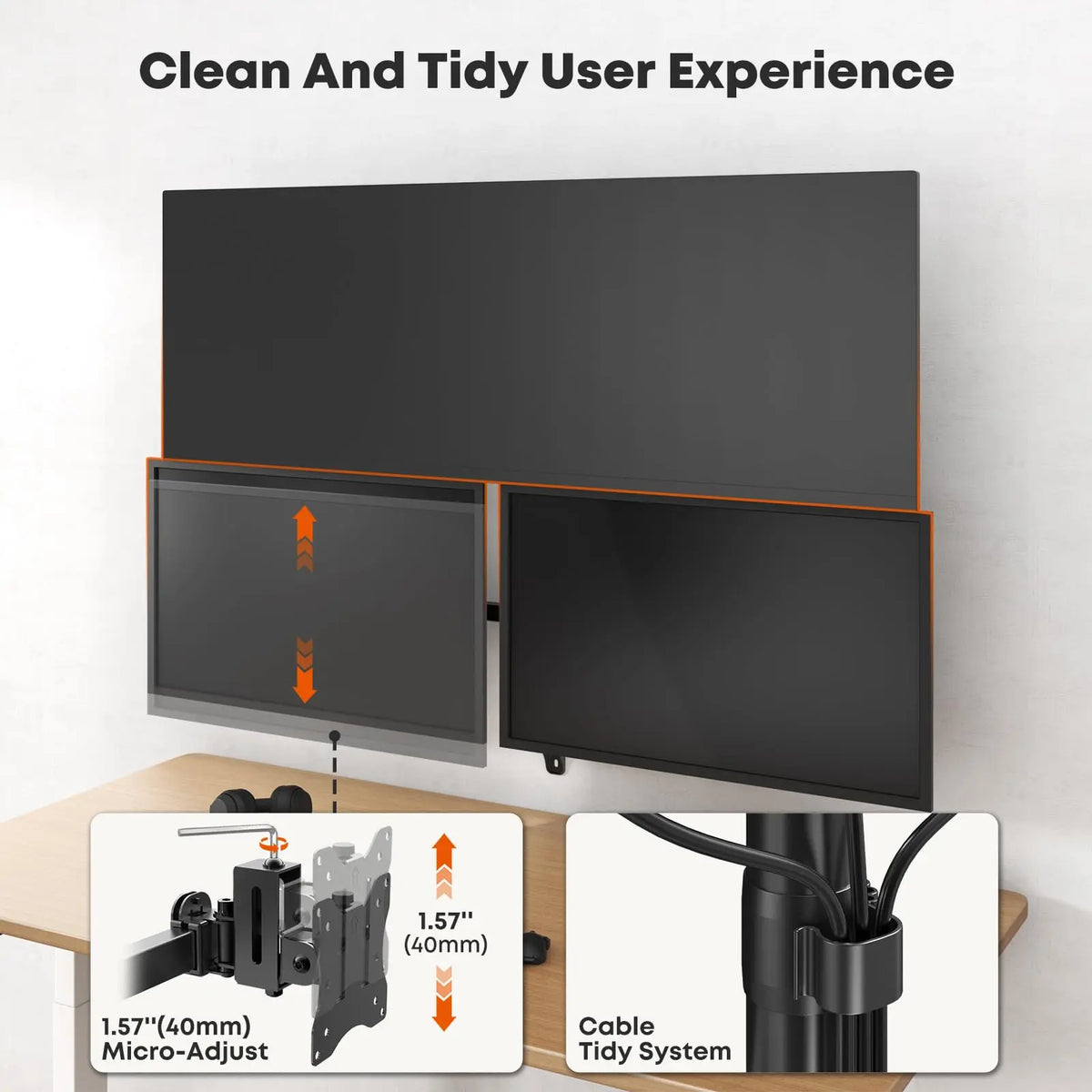 PUTORSEN Triple Monitor Wall Mount for Screens Up to 49", Total Load Capacity 44 lbs, Accommodates 49" Ultrawide Center Screen and Two 34" Side Displays, Side Arms Height Adjustable ±1.57", Built-in Cable Management, VESA 75/100mm, Black PUTORSEN