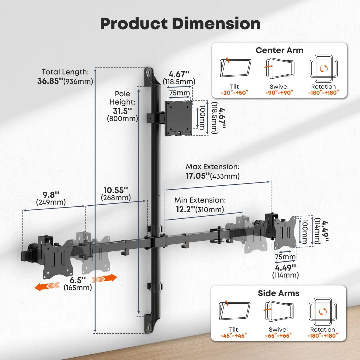 PUTORSEN Triple Monitor Wall Mount for Screens Up to 49", Total Load Capacity 44 lbs, Accommodates 49" Ultrawide Center Screen and Two 34" Side Displays, Side Arms Height Adjustable ±1.57", Built-in Cable Management, VESA 75/100mm, Black PUTORSEN