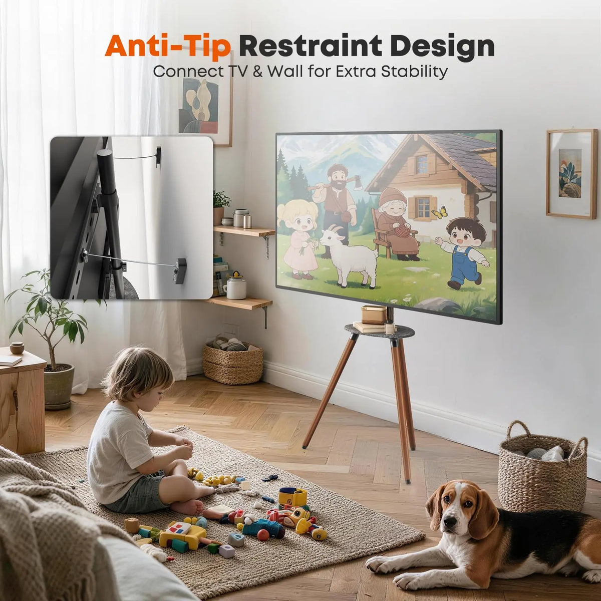 PUTORSEN Trípode Universal para TV 45–65", altura regulable con estante, giro 45°, VESA máximo 600×400 mm, carga máxima 40 kg PUTORSEN