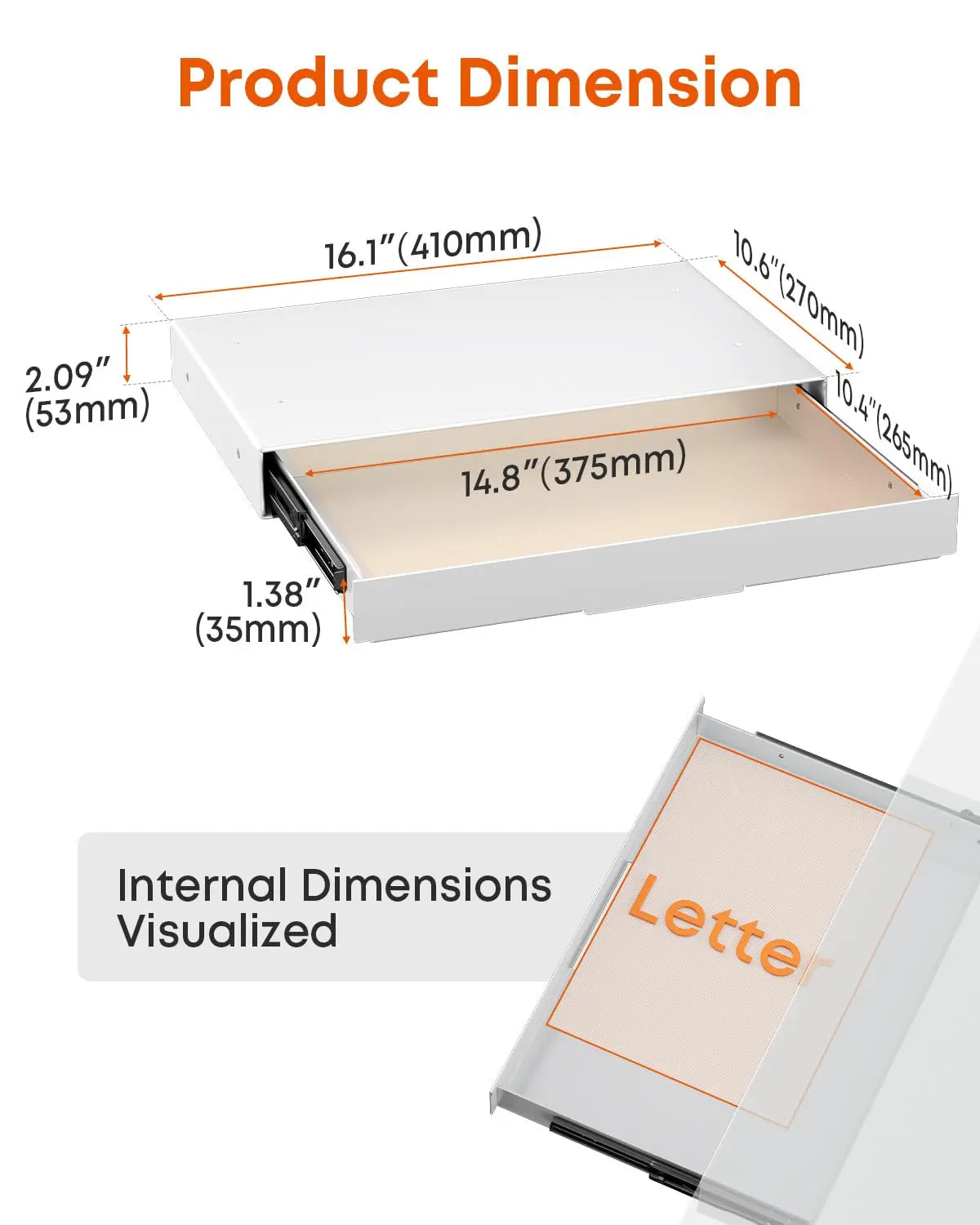 PUTORSEN Under Desk Drawer 14.8 Inch Wide, Smooth Sliding Storage Organizer for Standing Desk & Home Office, 17.6 lbs Max Load, Quiet Glide, White PUTORSEN