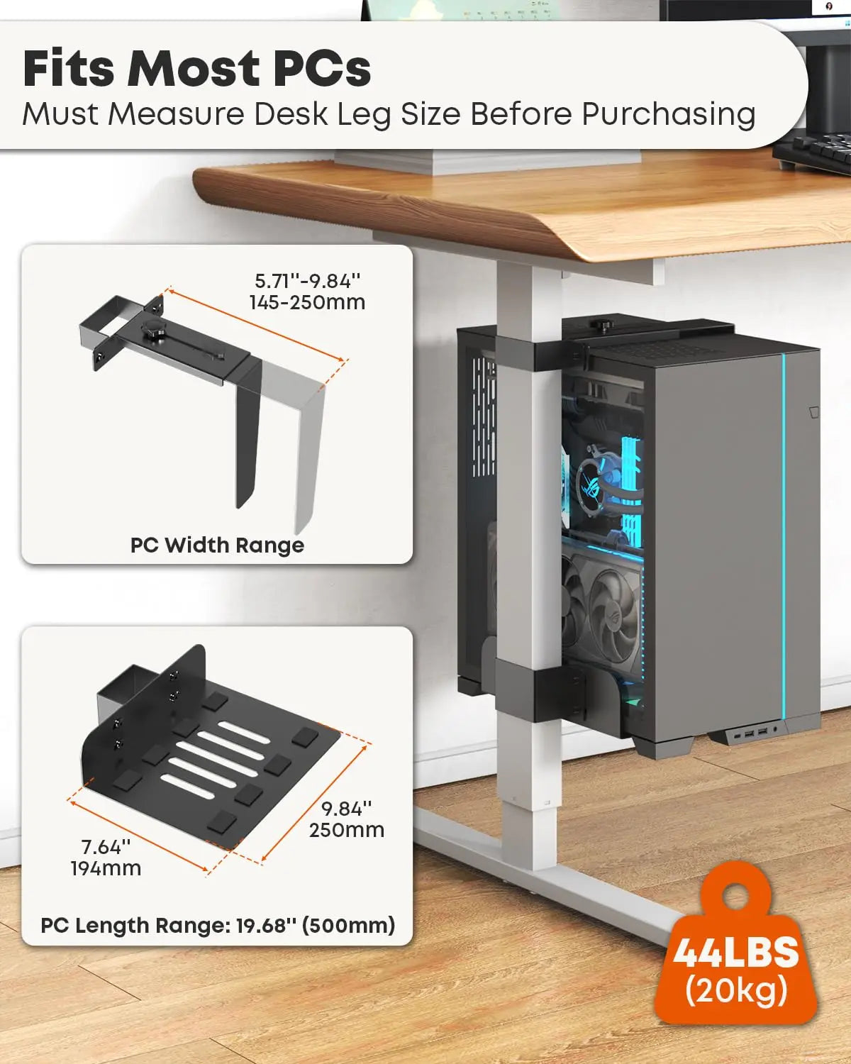 PUTORSEN Under Desk PC-Mount for Standing Desk, No Drill, Height Adjustable, Heavy Duty, with Non-Slip Pads, Max Load 44lbs, Black PUTORSEN