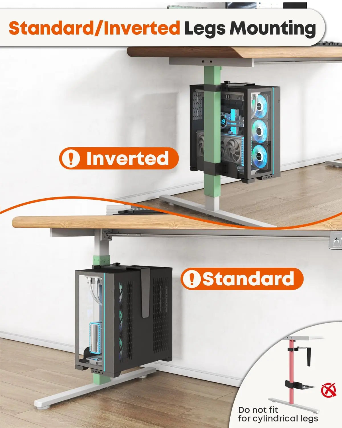 PUTORSEN Under Desk PC-Mount for Standing Desk, No Drill, Height Adjustable, Heavy Duty, with Non-Slip Pads, Max Load 44lbs, Black PUTORSEN