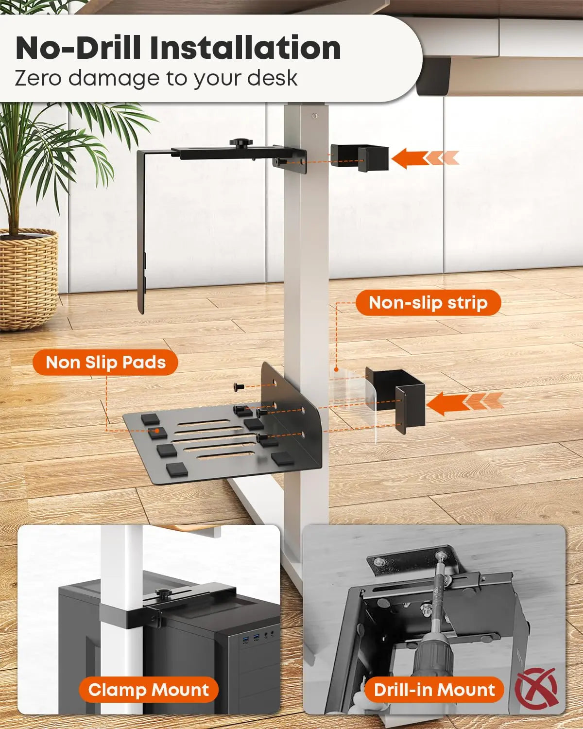 PUTORSEN Under Desk PC-Mount for Standing Desk, No Drill, Height Adjustable, Heavy Duty, with Non-Slip Pads, Max Load 44lbs, Black PUTORSEN