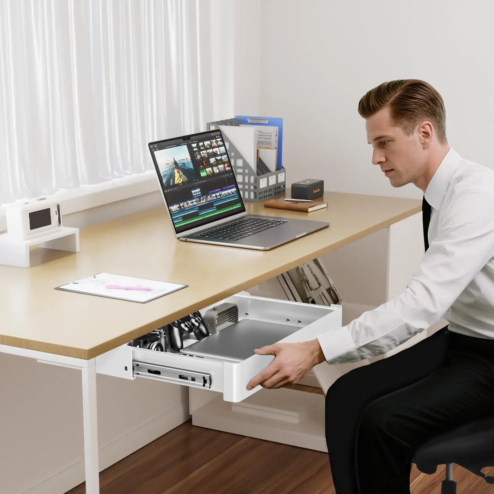 PUTORSEN Under Desk Storage Drawer 15.7" Wide - Smooth Slide Out Organizer for Standing Desk & Home Office,Max Load 17.6 lbs PUTORSEN