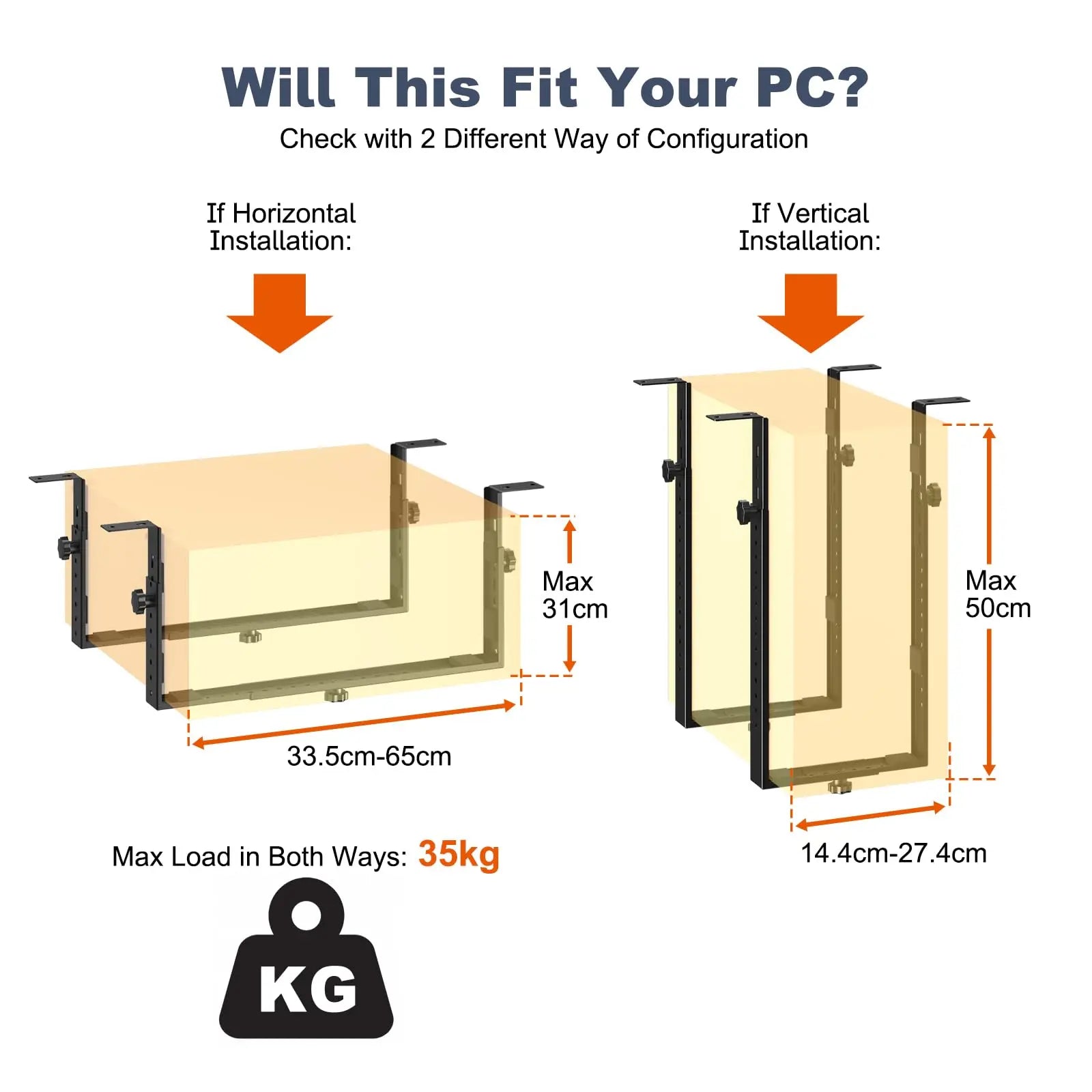 PUTORSEN Under-desk PC holder for computer case - up to 35 kg load capacity, space-saving, universal and stable desktop mounting PUTORSEN