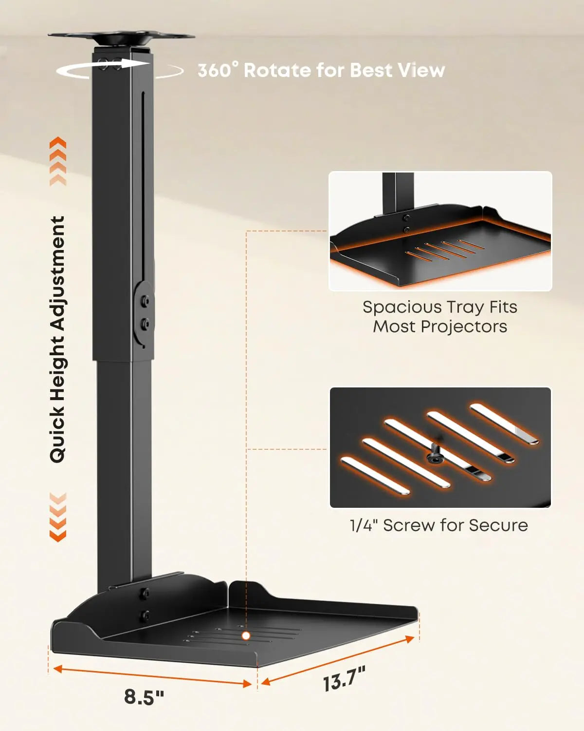 PUTORSEN Universal Projector Ceiling Mount with Tray & 360° Swivel Arm Built-in Cable Management, Fully Adjustable, No-Drill Installation, Supports up to 22 lbs, for Home Theater & Office, Black PUTORSEN