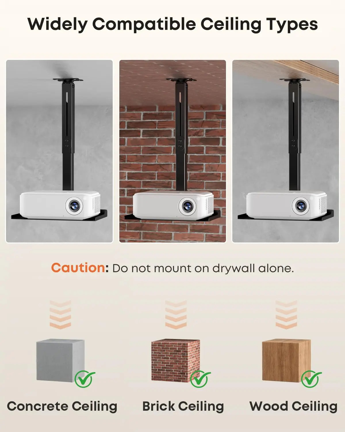 PUTORSEN Universal Projector Ceiling Mount with Tray & 360° Swivel Arm Built-in Cable Management, Fully Adjustable, No-Drill Installation, Supports up to 22 lbs, for Home Theater & Office, Black PUTORSEN