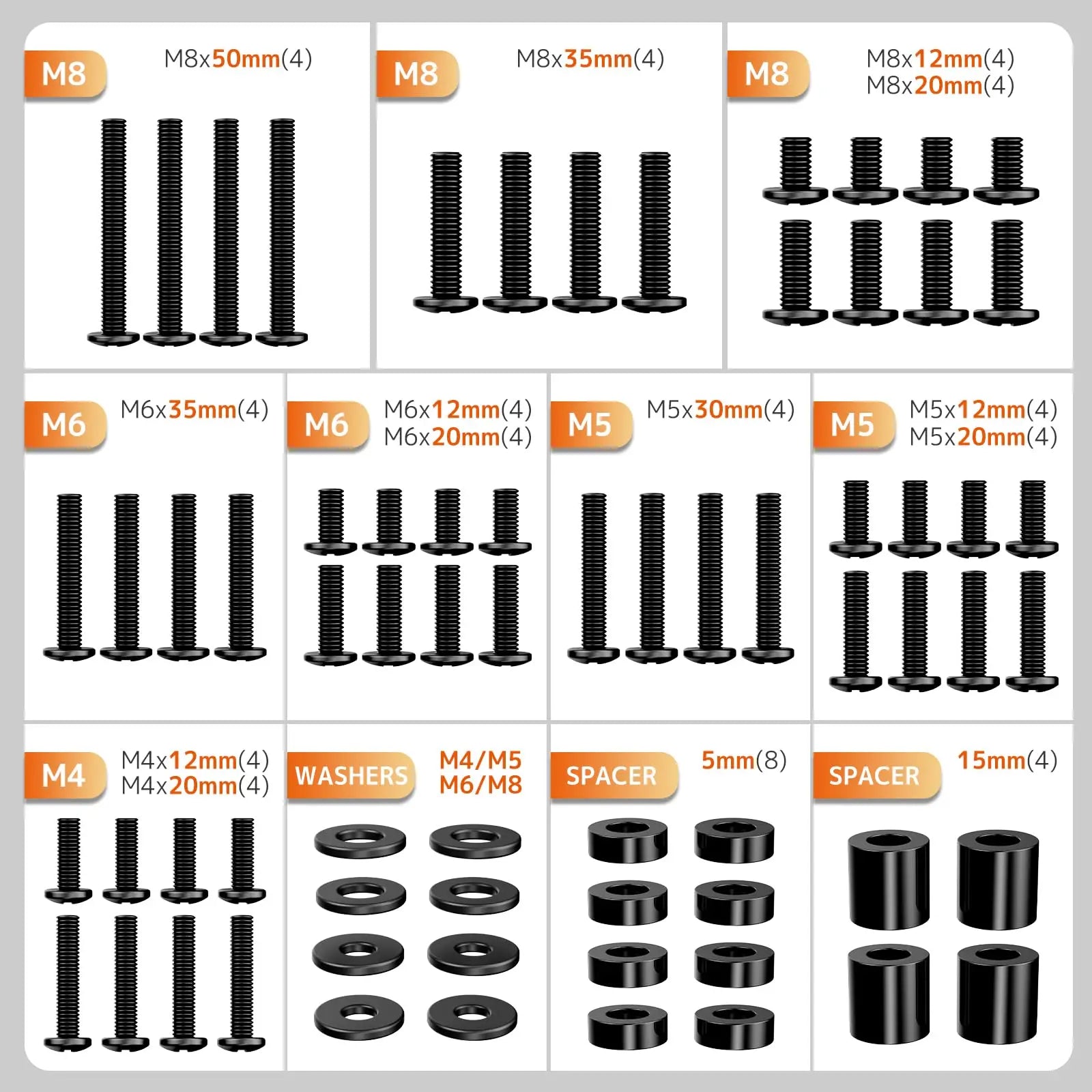 PUTORSEN Universal TV Mounting Hardware Screw Kit - Complete Set of M4 M5 M6 M8 Bolts with Washers & Spacers for Most TV Wall Mounts/Display up to 80 inches PUTORSEN