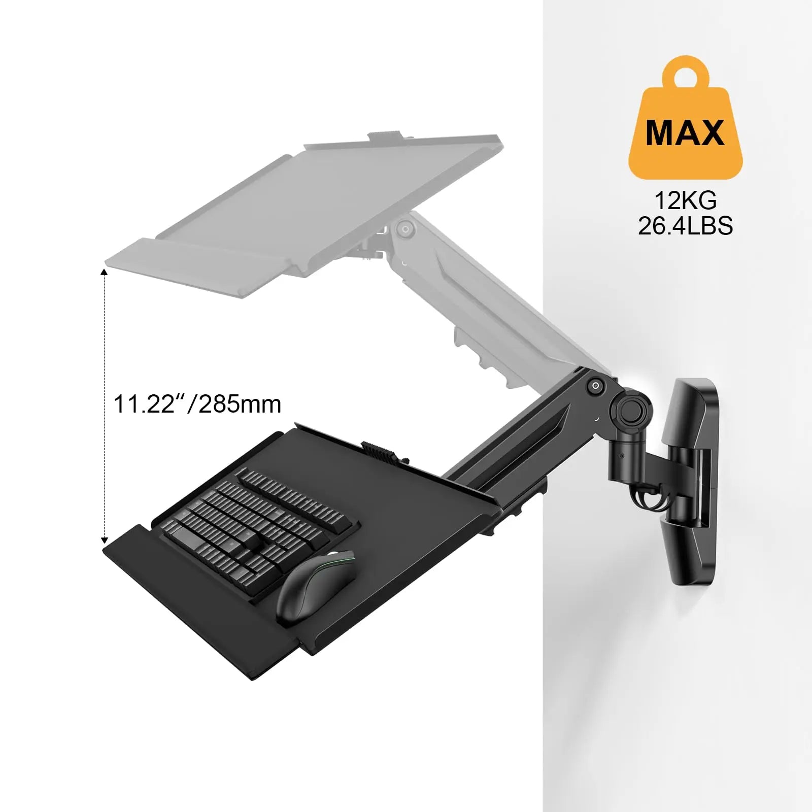 PUTORSEN Wall Mount Keyboard Tray- Keyboard and Mouse Stand & Monitor Mount Arm,Height Adjustable Typing Platform Holds up to 26.4 lbs PUTORSEN