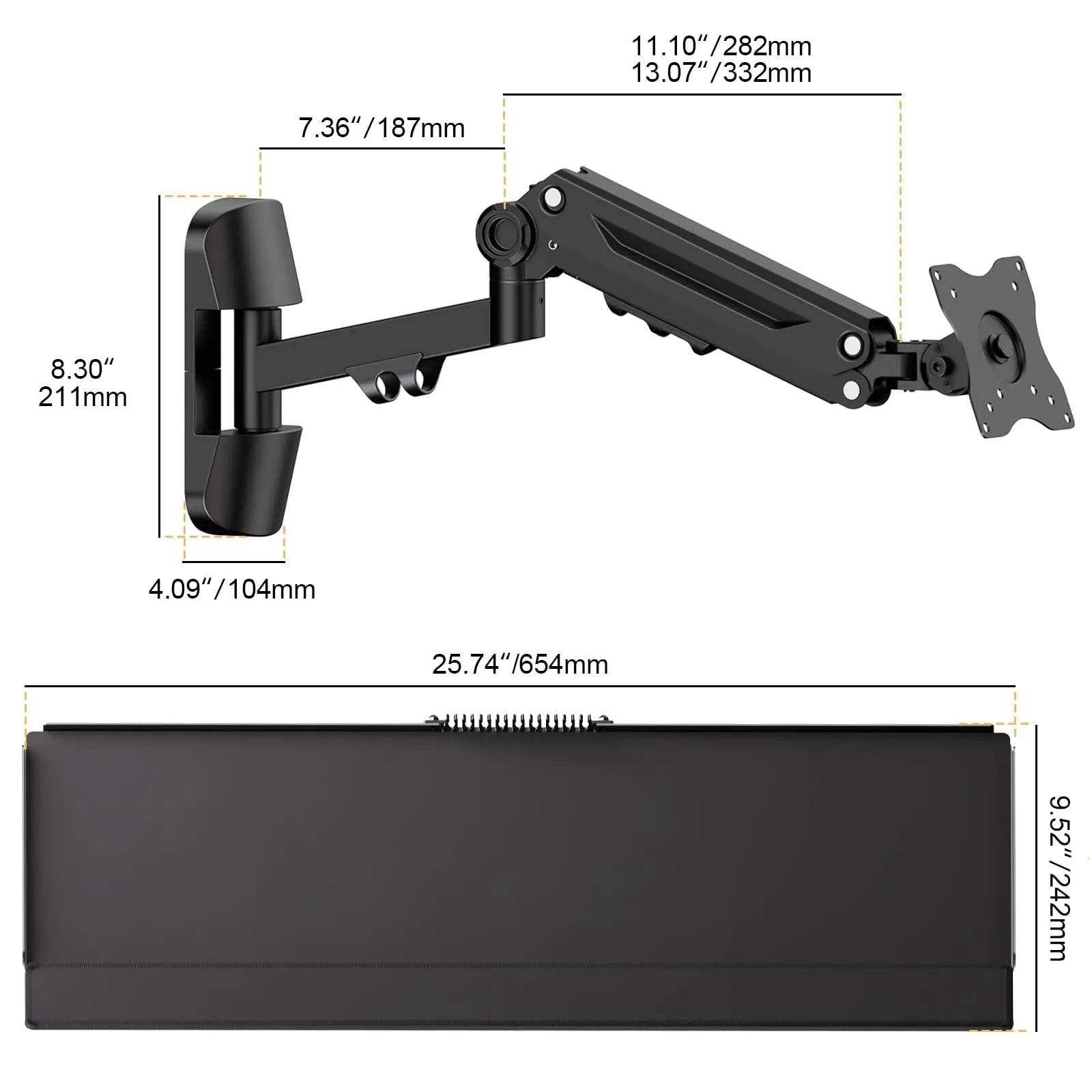 PUTORSEN Wall Mount Keyboard Tray- Keyboard and Mouse Stand & Monitor Mount Arm,Height Adjustable Typing Platform Holds up to 26.4 lbs PUTORSEN
