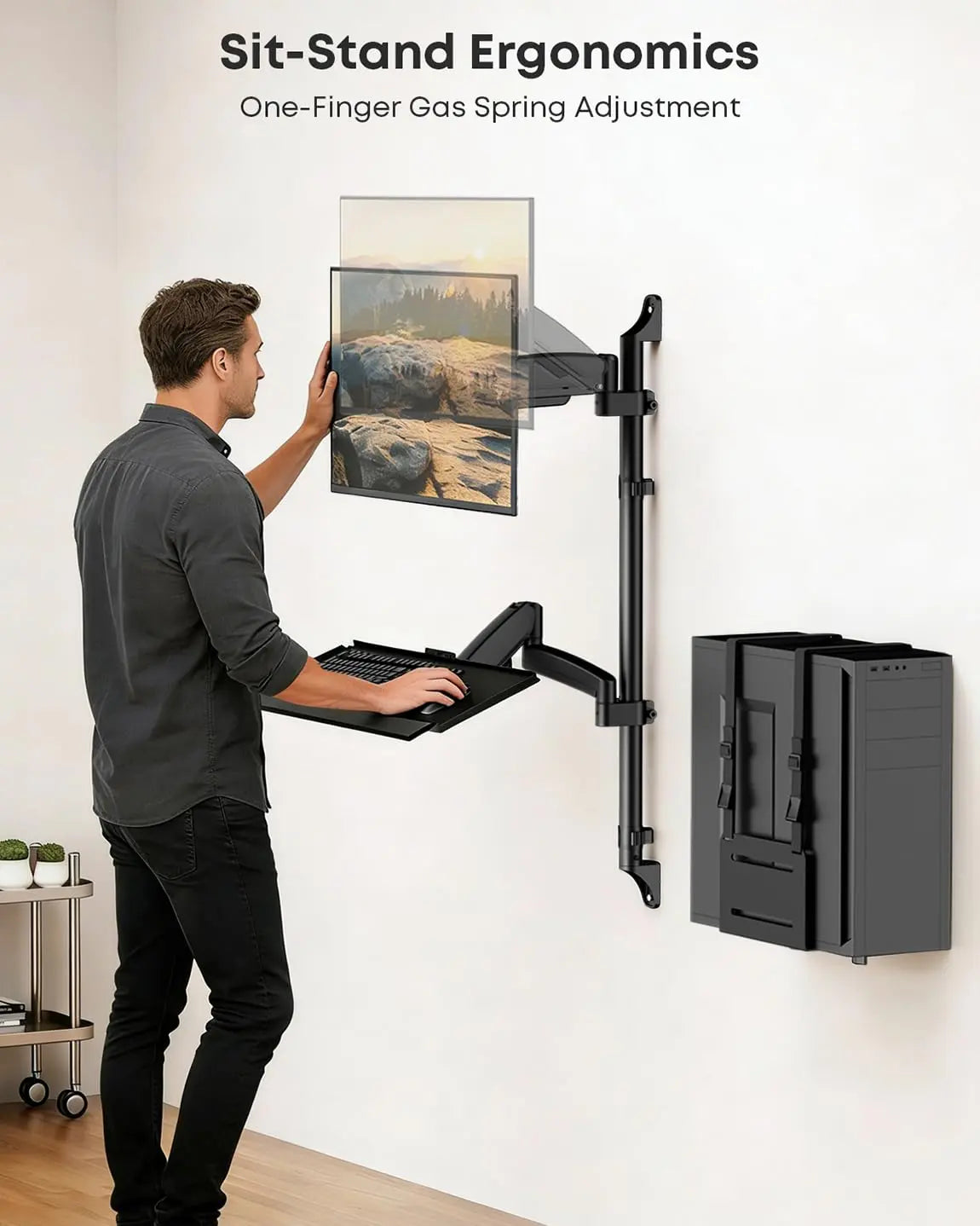 PUTORSEN Wall Mount Monitor Arm, Keyboard Tray and CPU Holder Included Height Adjustable Full Motion Arm for 17 to 32 Inch, Sit Stand Workstation, VESA 75x75/100x100, Black PUTORSEN