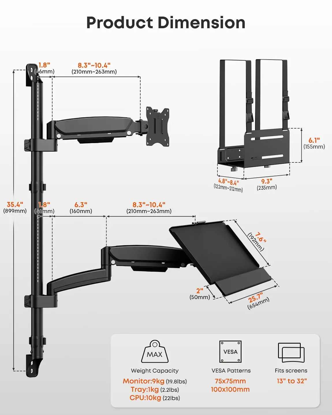 PUTORSEN Wall Mount Monitor Arm, Keyboard Tray and CPU Holder Included Height Adjustable Full Motion Arm for 17 to 32 Inch, Sit Stand Workstation, VESA 75x75/100x100, Black PUTORSEN