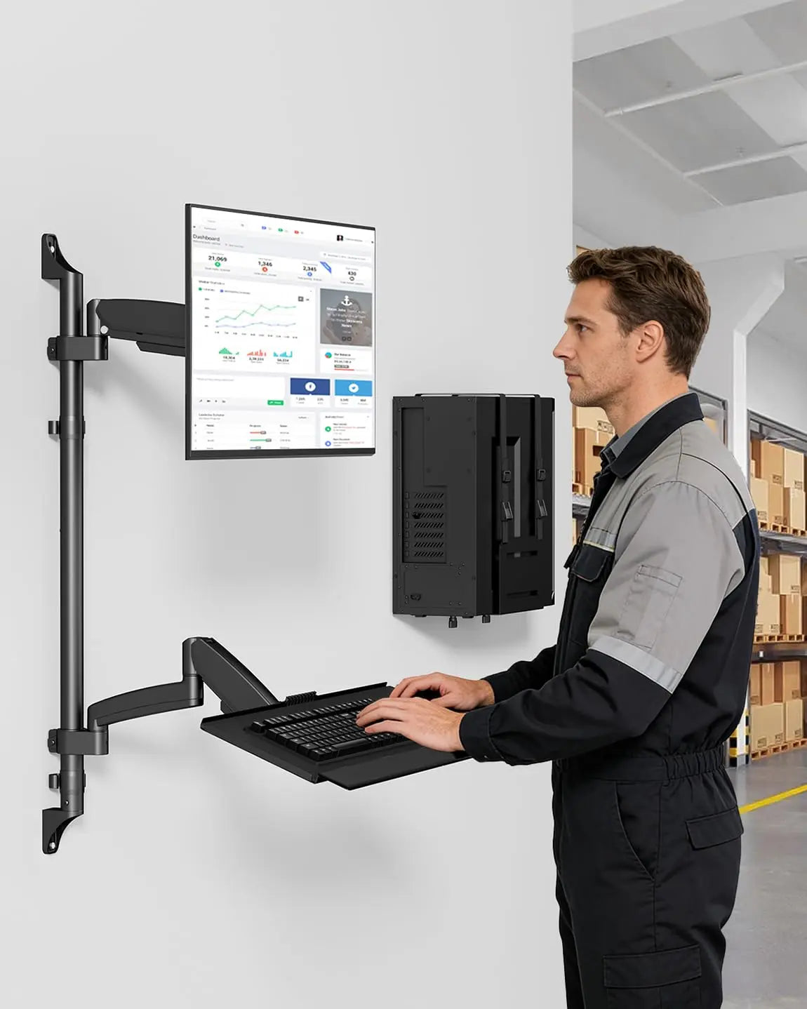 PUTORSEN Wall Mount Monitor Arm, Keyboard Tray and CPU Holder Included Height Adjustable Full Motion Arm for 17 to 32 Inch, Sit Stand Workstation, VESA 75x75/100x100, Black PUTORSEN