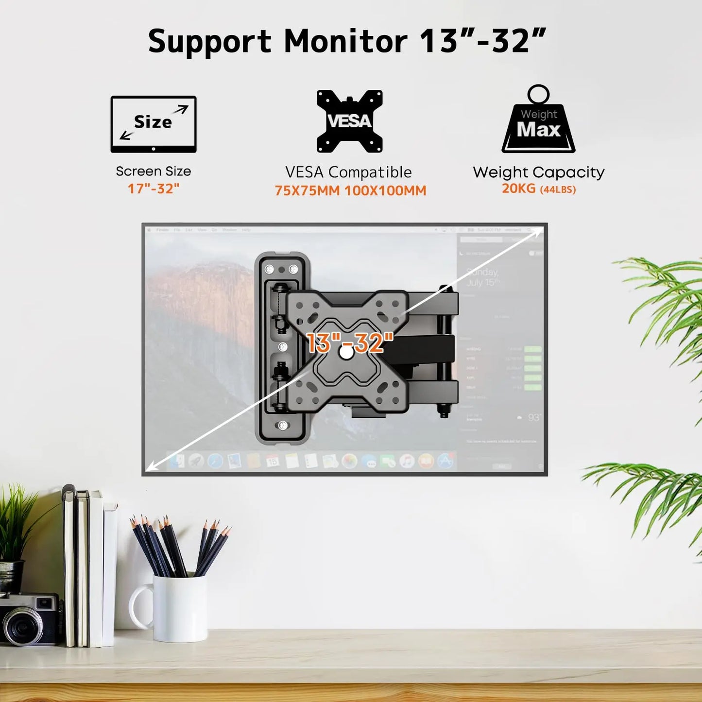 PUTORSEN Wall Mount for Echo Show 21,Echo Show 15, Full Motion Articulating Arm TV Bracket, Adjustable Tilt Swivel, Holds 44lbs, VESA 75x75 100x100mm, Black PUTORSEN