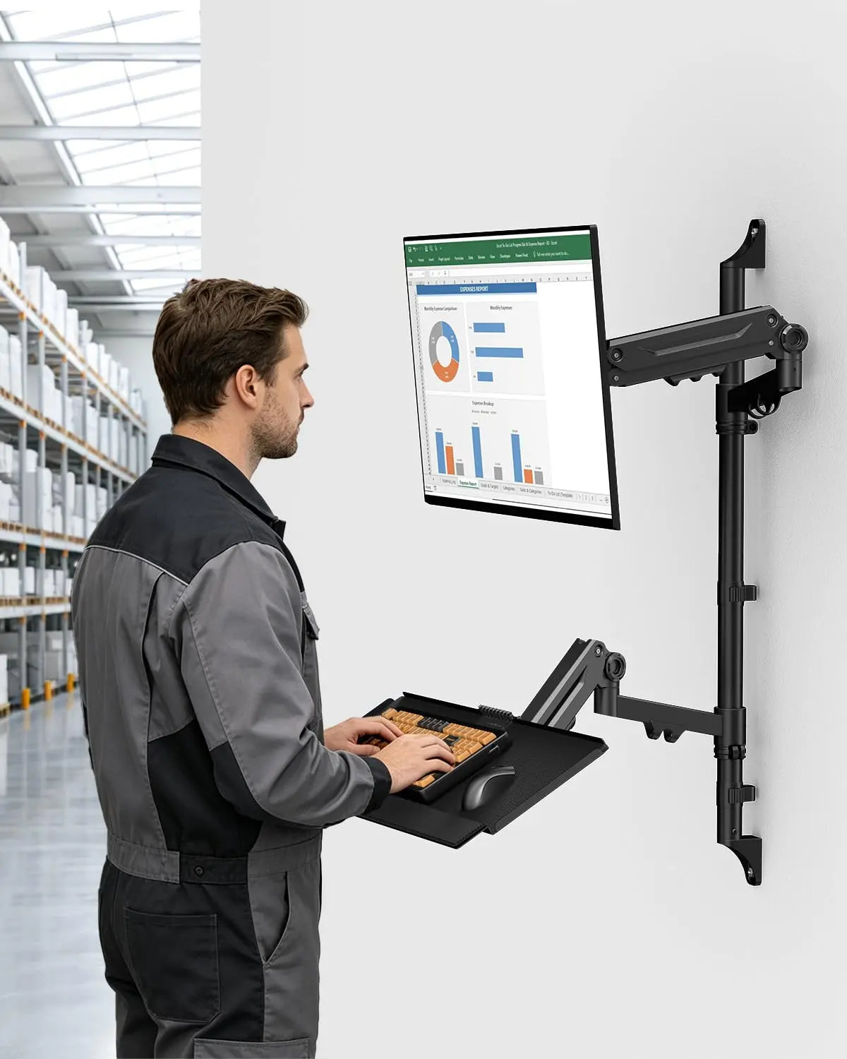 PUTUOSEN Wall Mount Monitor Arm with Keyboard Tray, Fits 17"–32" Screens, Height Adjustable Full-Motion Spring Arm Wall Workstation, Supports Up to 26.4 lbs, VESA 75x75/100x100mm, Black PUTORSEN
