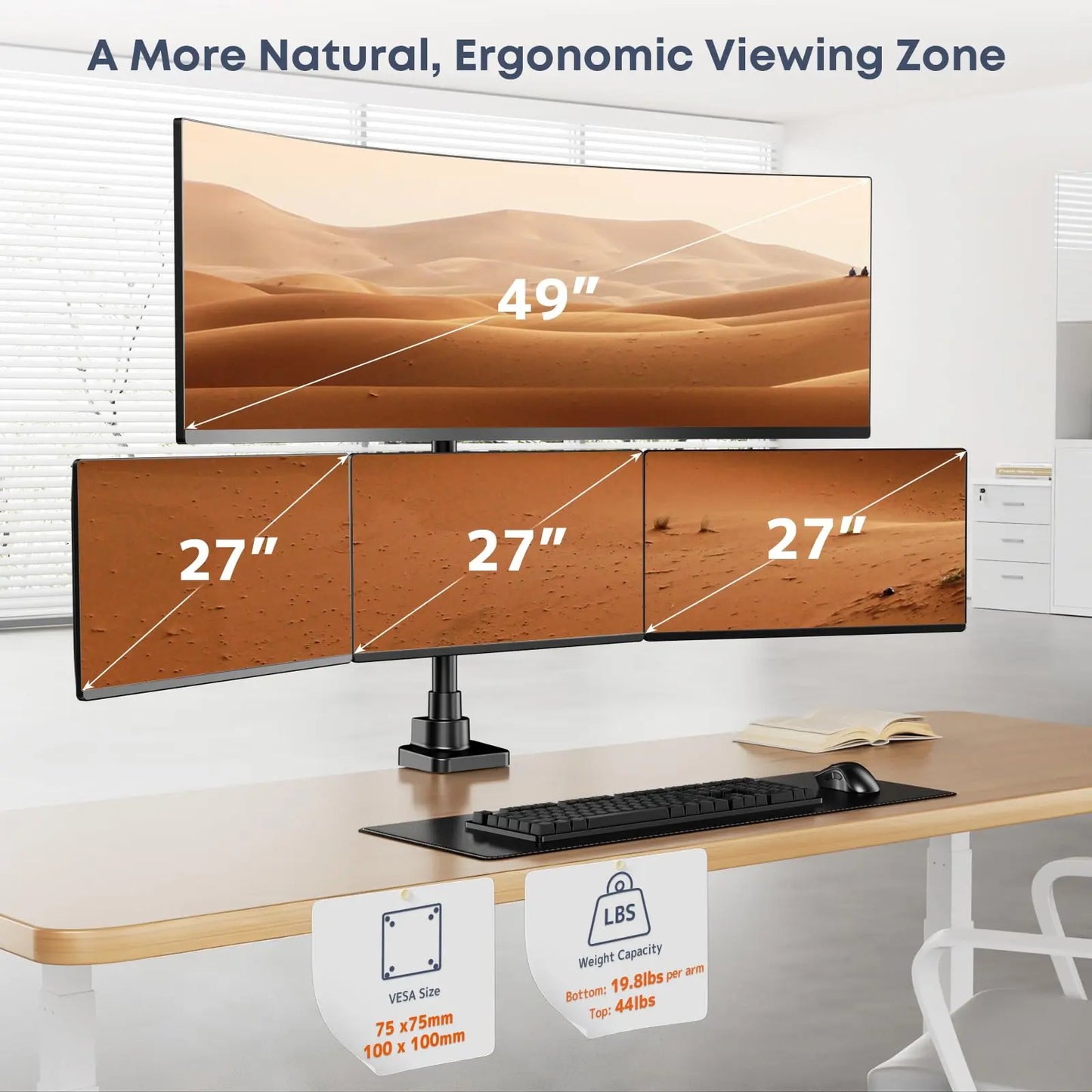 Quad Monitor Mount for up to 49 inch Ultrawides on Top and 27 inch Screens on Lower Brackets,Heavy Duty,Fully Adjustment, Holds up to 44 lbs PUTORSEN