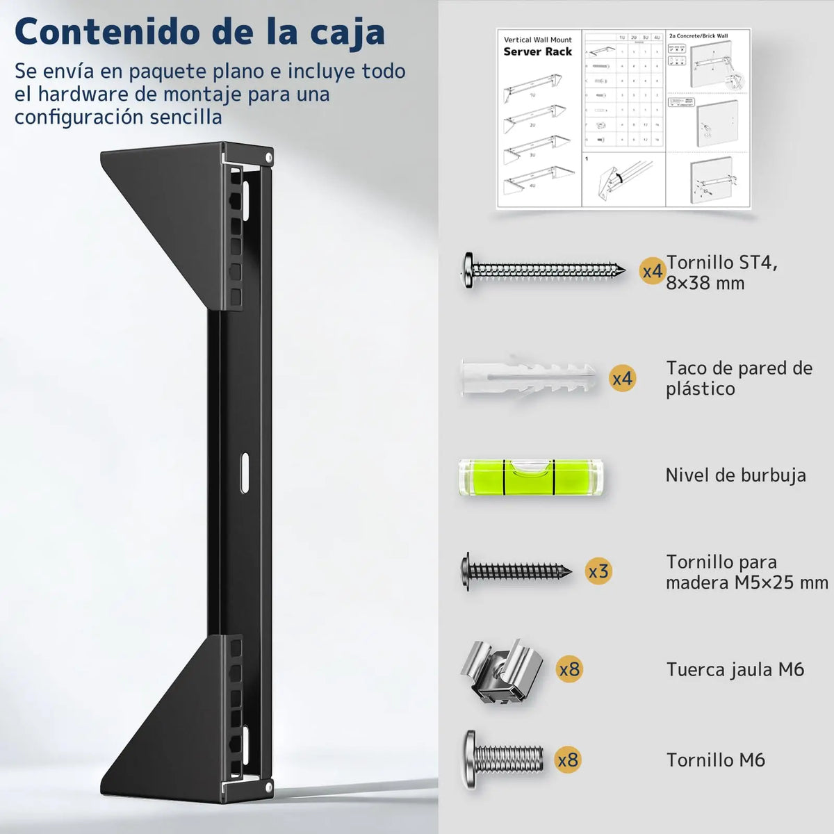 Soporte rack pared 2U 19", montaje vertical y bajo escritorio, acero para servidor, switch y panel de parcheo, hasta 55 kg, incluye herrajes PUTORSEN