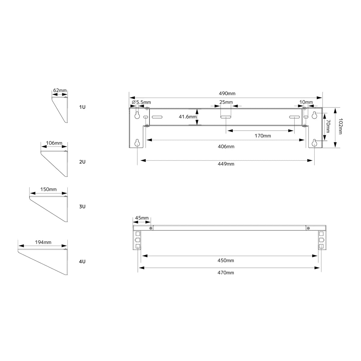 Soporte rack pared 2U 19", montaje vertical y bajo escritorio, acero para servidor, switch y panel de parcheo, hasta 55 kg, incluye herrajes PUTORSEN