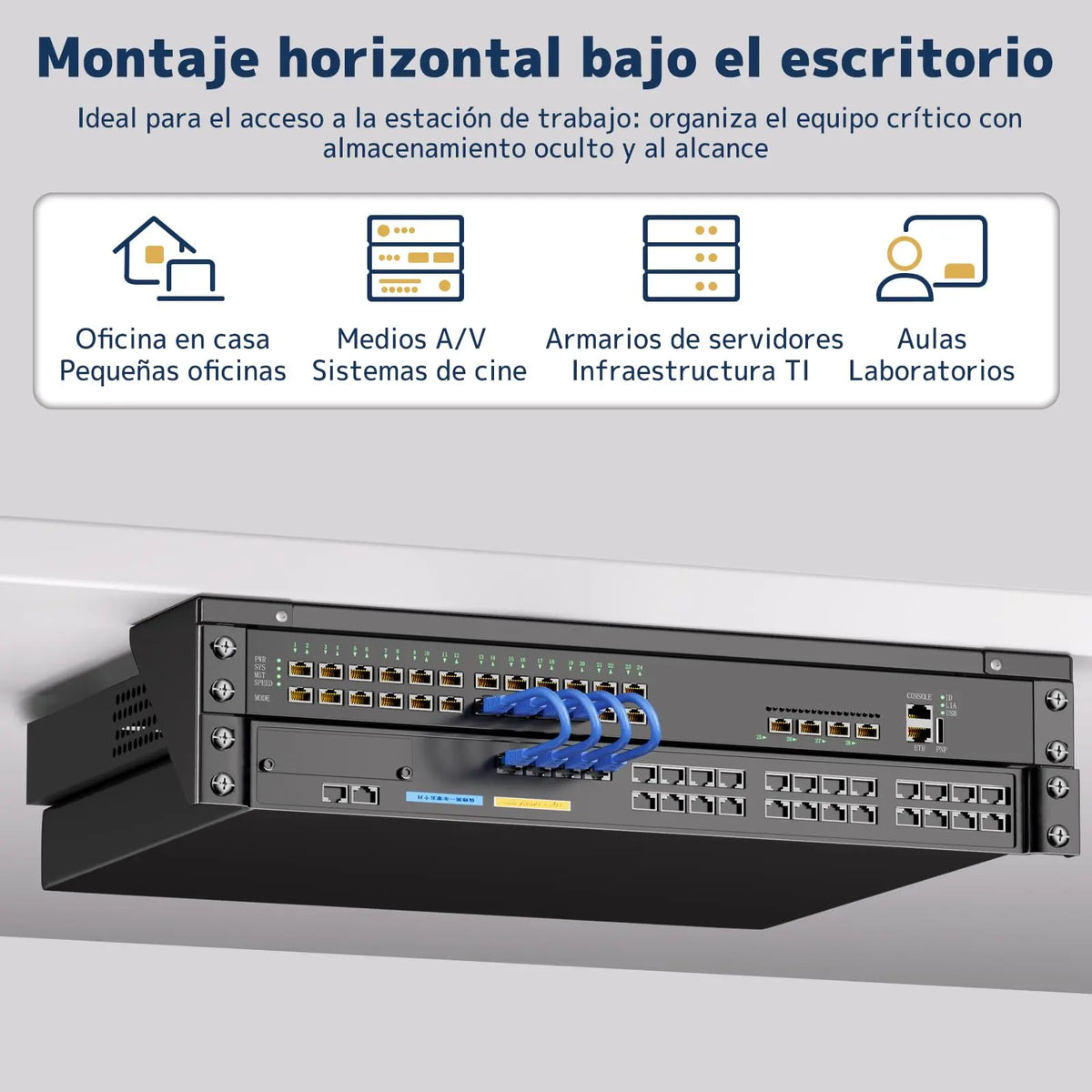 Soporte rack pared 2U 19", montaje vertical y bajo escritorio, acero para servidor, switch y panel de parcheo, hasta 55 kg, incluye herrajes PUTORSEN